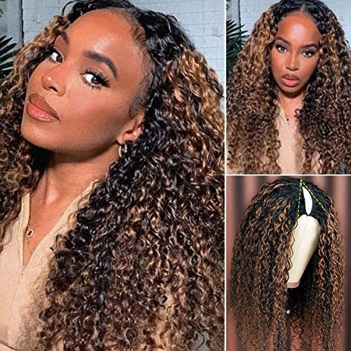 V Part Wig Human Hair No Glue Needed - 1B/30 Highlight Curly Wave Brazilian Virgin Hair - Upgrade U Part Clip In Half Wig with Ombre Color - Thin V Shape Wigs for Black Women by YMSGIRL (16