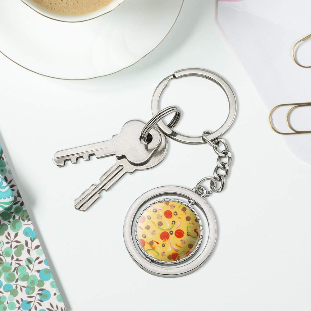 Spinning Round Chrome Plated Metal Pizza Keychain - Pepperoni, Olives & Onions Design | Unique Graphic Novelty Gift for Pizza Lovers, Kitchen Decor, Party Favors & Collectibles