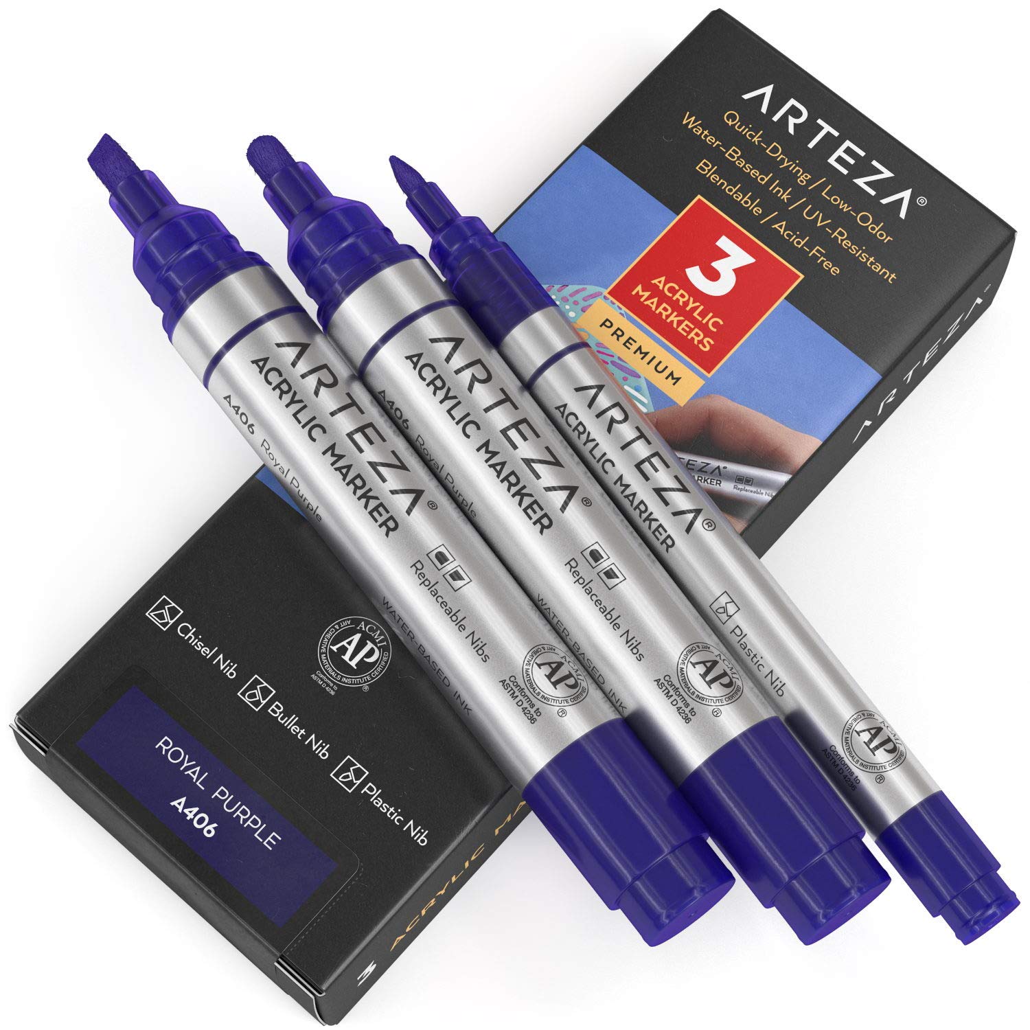 Arteza Acrylic Paint Markers Set of 3 - Royal Purple A407 with Thin & Thick Nibs (Chisel + Bullet) | Permanent Paint Pens for Metal, Canvas, Rock, Ceramic, Glass, Wood, Fabric | Ideal for DIY Crafts, Home Decor, Art Projects & Custom Designs