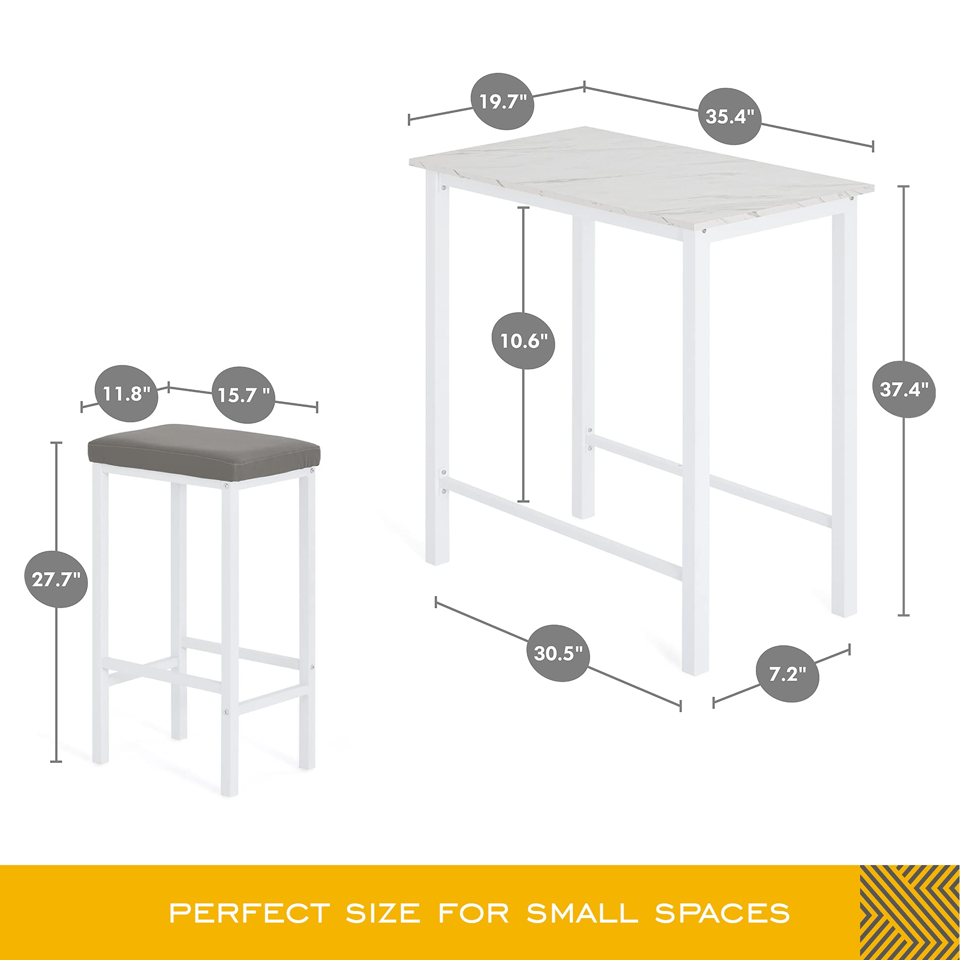 White Bar Height Dining Table Set for 2 - 3-Piece Pub Counter Height Kitchen Table with 2 Backless Cushioned Stools - Faux Marble Breakfast Nook for Small Spaces & Apartments - Perfect for Kitchen, Dining Room, or Breakfast Nook Decor
