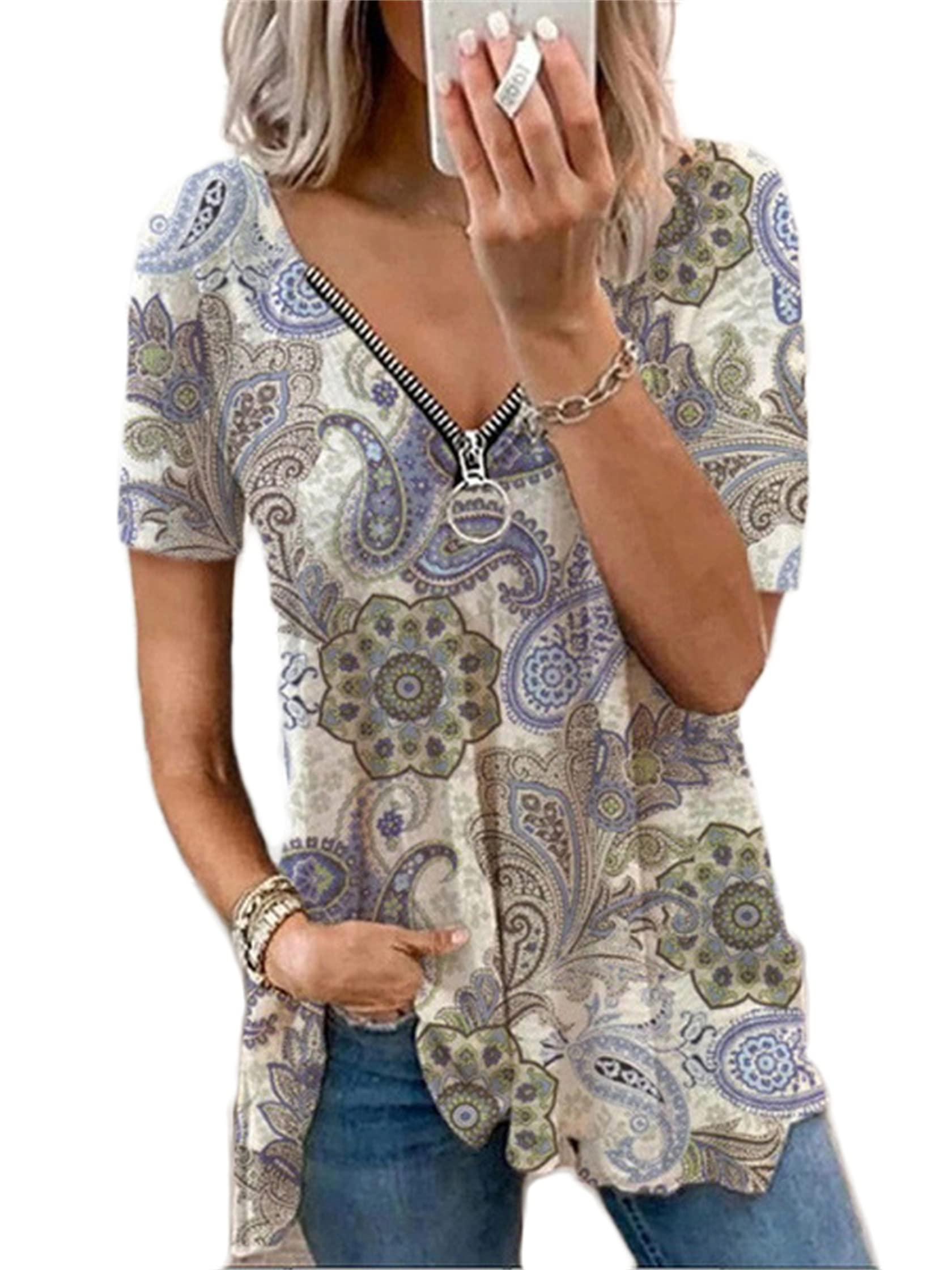 Andongnywell Women's Summer Short Sleeve V-Neck Printed Blouse - Casual Flowy Tunic Top with Zipper Detail for Beach, Office & Everyday Wear
