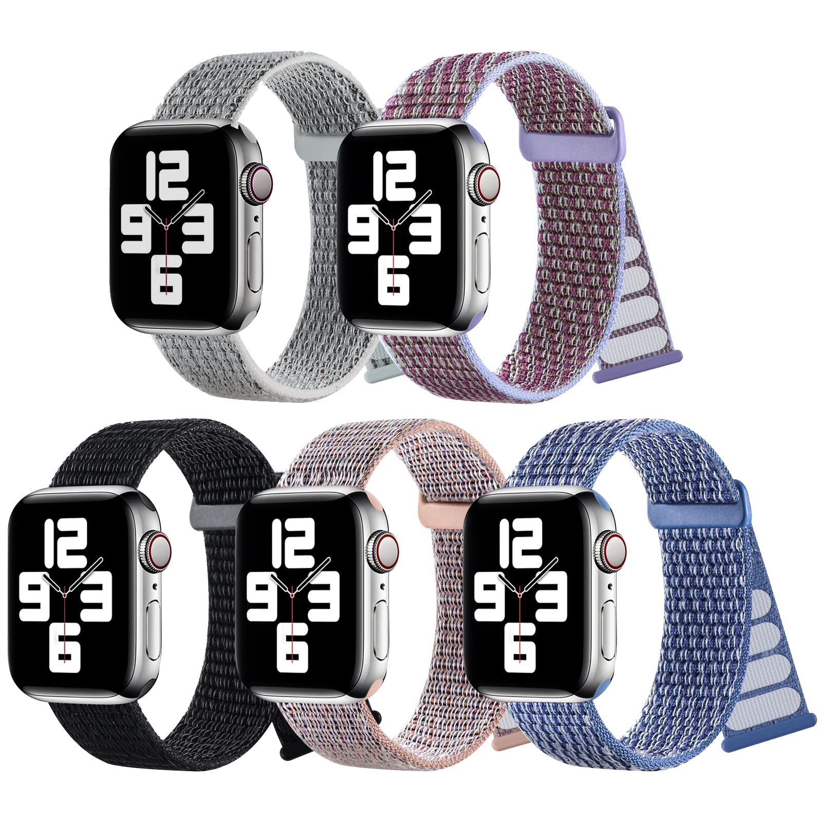 5 Pack Nylon Sports Bands for Apple Watch 42mm 44mm 45mm - Soft Stretchy Adjustable Woven Straps Compatible with iWatch Series 7/6/5/4/3/2/1/SE - Perfect for Running, Gym Workouts & Daily Wear (Men & Women)