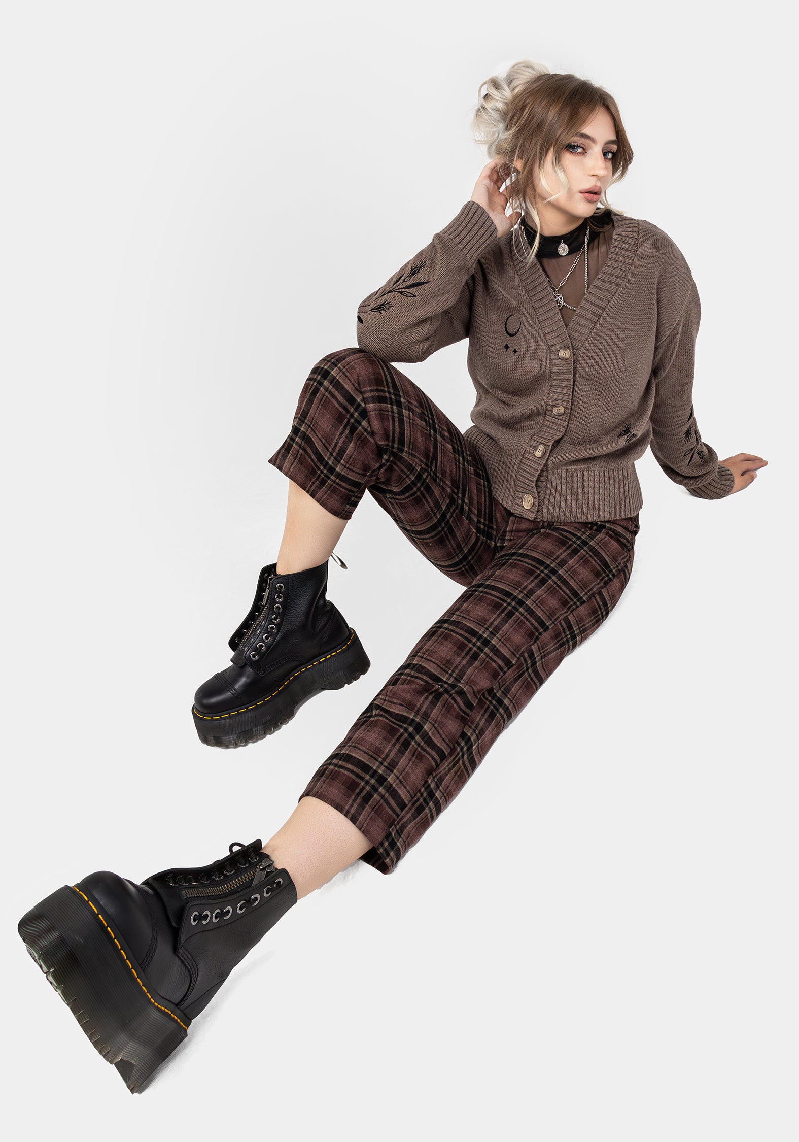 Hickory Check Straight Leg Trousers for Women - Classic Casual Pants for Office, Travel & Everyday Wear