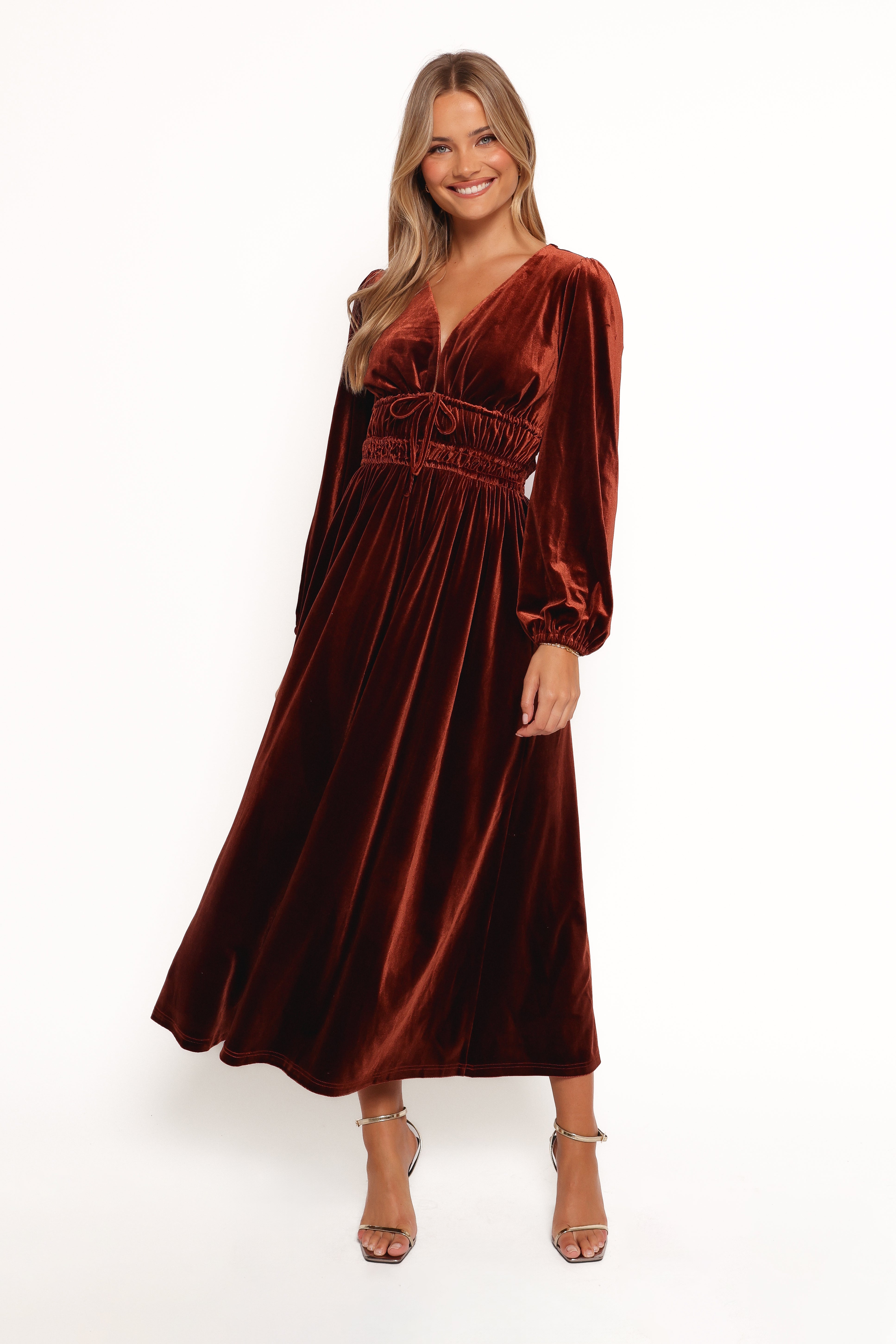 Cece Velvet Long Sleeve Maxi Dress for Women - Elegant Rust Color Fall Dress for Parties, Weddings & Special Occasions