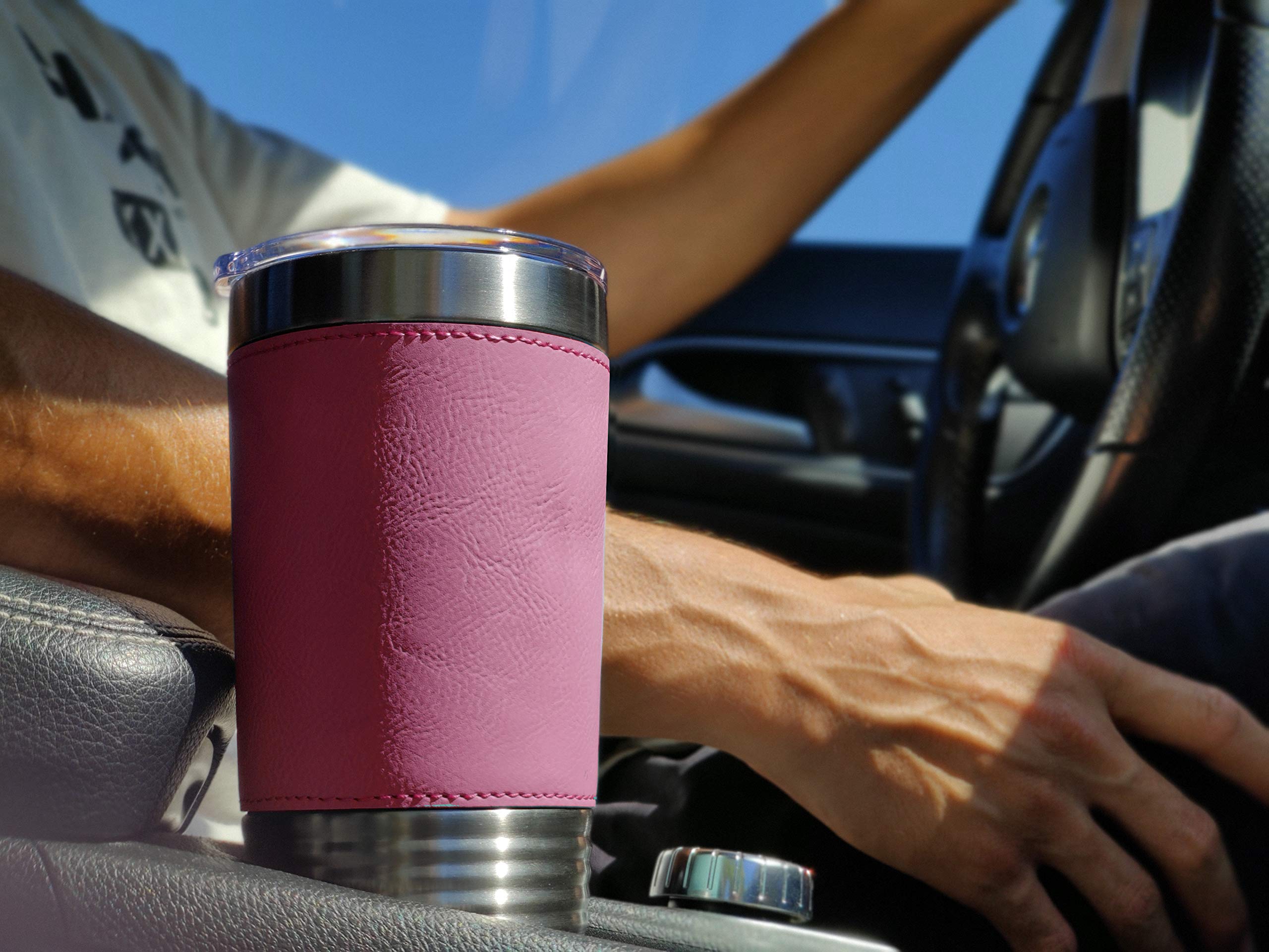 LaserGram 20oz Vacuum Insulated Stainless Steel Tumbler Mug with Lid - Personalized Engraved Flamingo Design, Faux Leather Handle, Hot & Cold Drink Cup - Perfect for Office, Travel, Gym, and Outdoor Activities (Pink)
