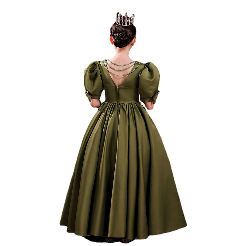 Princess Floor Length Flower Girl Dress with V Neck & Puff Sleeves - Perfect for Weddings, Baptisms & Special Occasions