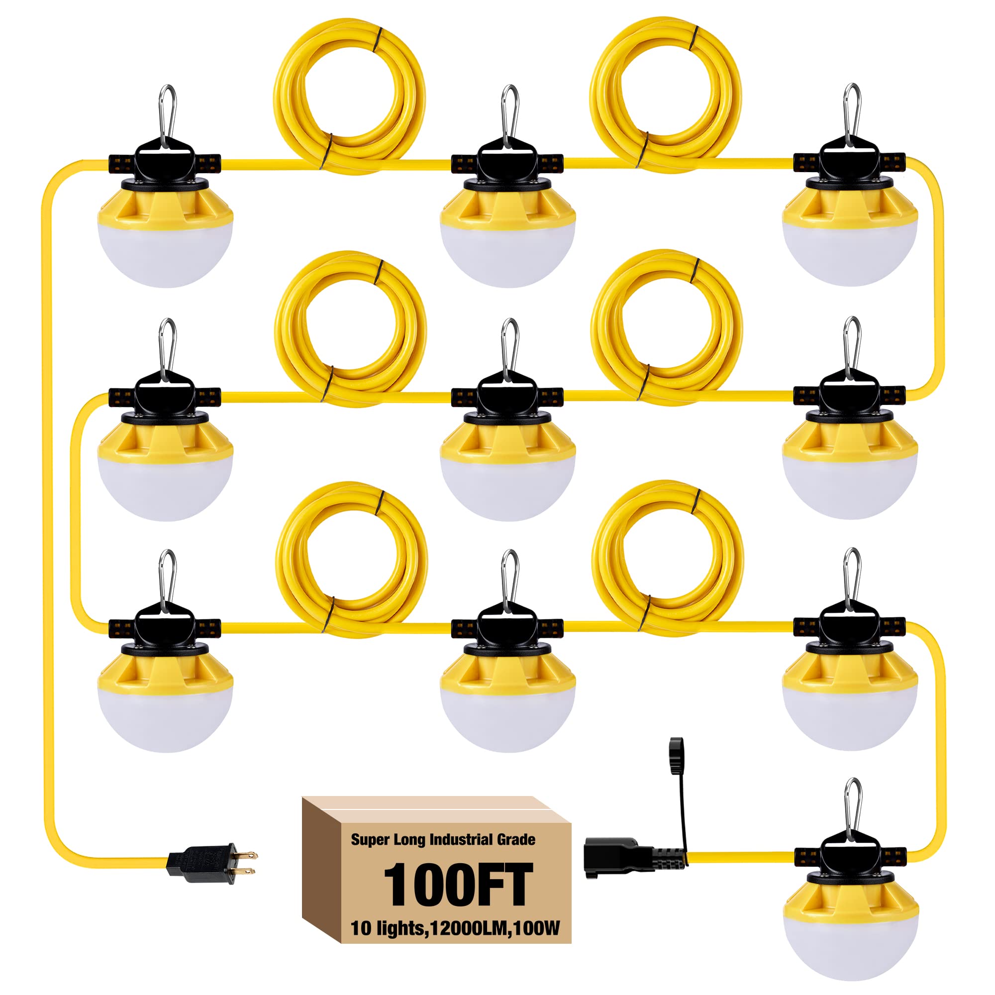 100FT LED Construction String Lights - IP65 Waterproof, ETL Certified 5000K Daylight Work Lights with 18AWG Wire - Linkable Temporary Lighting for Jobsite (10 Bulbs & Hooks Included) - Perfect for Construction Sites, Outdoor Events, Backyard Parties and Emergency Lighting