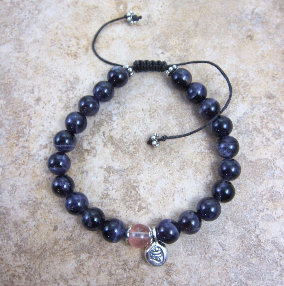 Adjustable Amethyst Wrist Mala Bracelet with Rose Quartz Beads and Om Charm - Meditation, Yoga & Spiritual Healing Jewelry for Stress Relief & Positive Energy