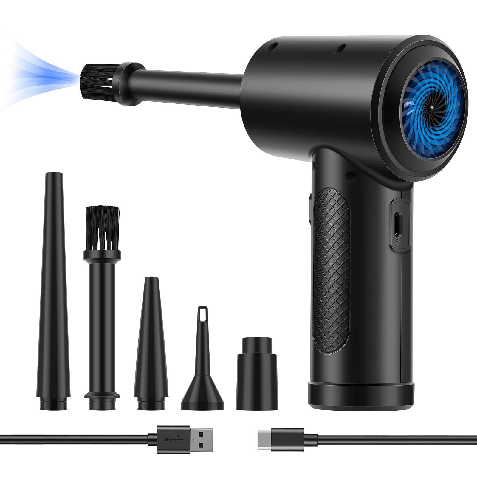 Fulljion 6000mAh Rechargeable Cordless Electric Air Duster - 3-Speed Adjustable (51000 RPM) with LED Light, Fast Charging for Computer Keyboard, Electronics, Laptops & Home Cleaning - Portable Air Blower for Dust Removal (Black)