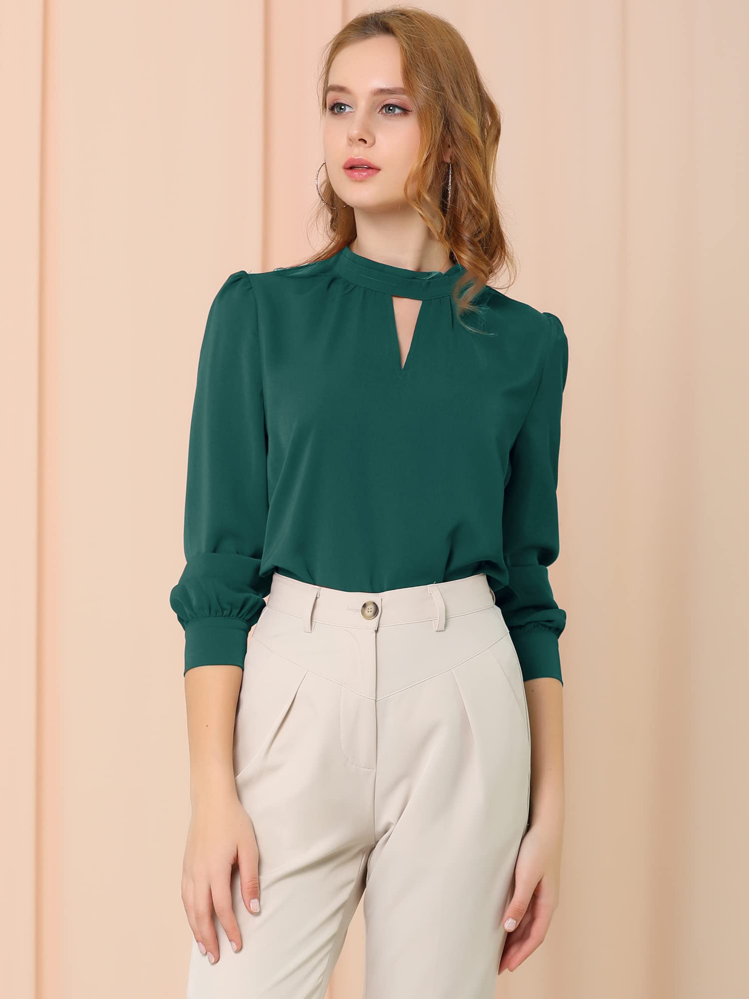 Allegra K Women's Elegant Stand Collar Keyhole Long Sleeve Blouse - Business Casual Work Tops for Office, Meetings & Professional Events