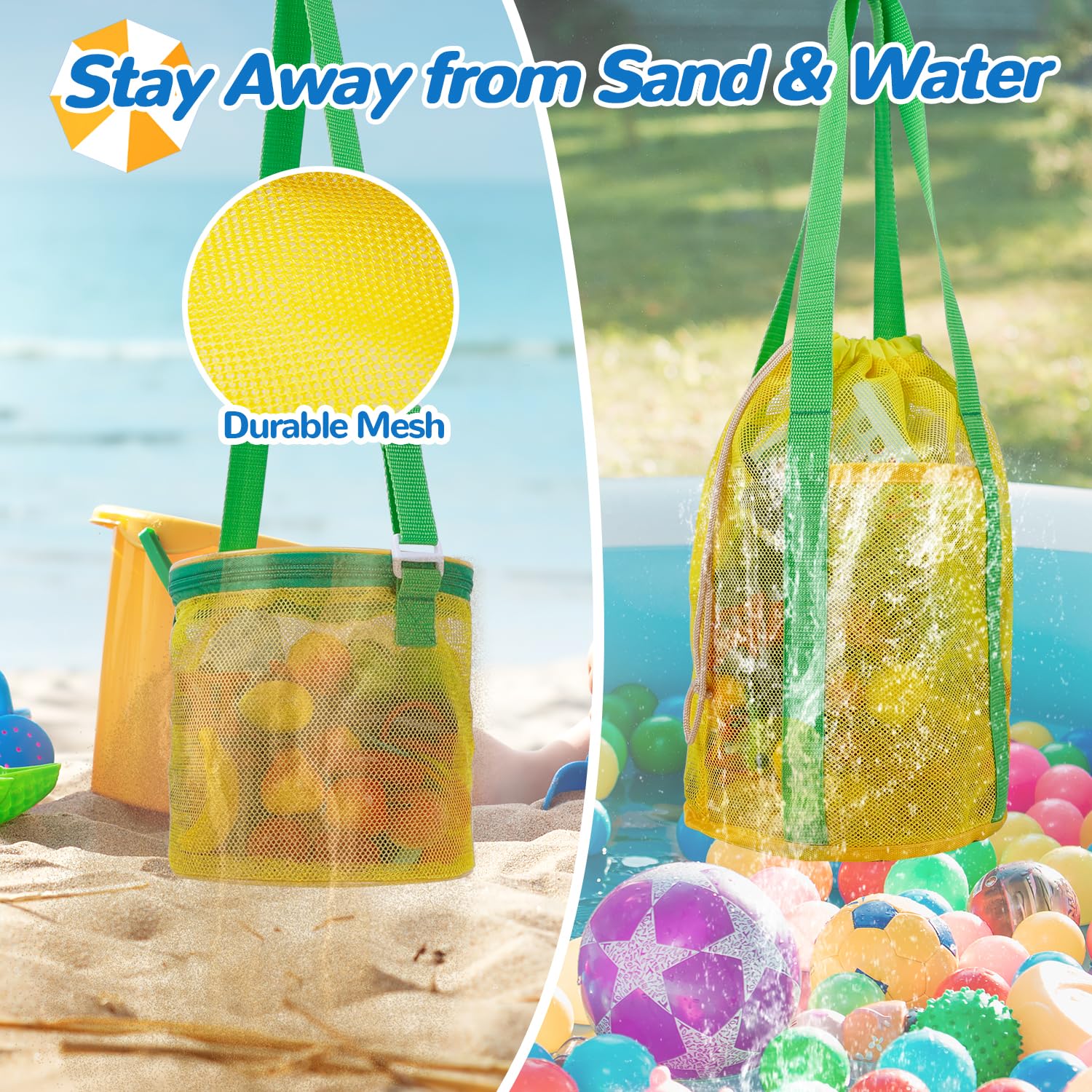 3 Pack Mesh Beach Bags Set - Waterproof Sand Toy Storage & Seashell Collecting Tote with Adjustable Strap, Zipper & Drawstring Closure - Perfect for Pool, Beach Trips & Outdoor Adventures