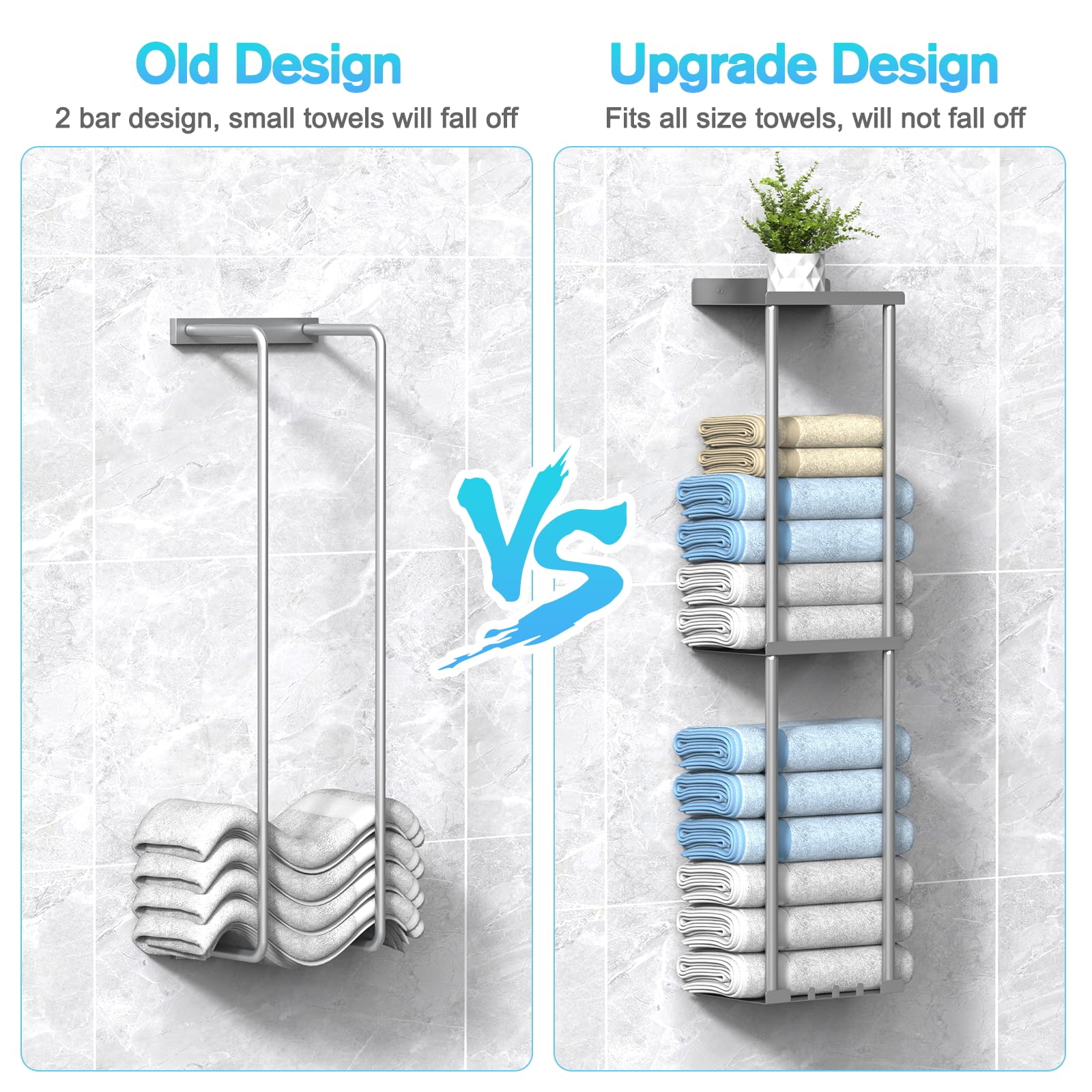 Vertical Wall Mounted Towel Rack Organizer with Shelf - Holds 6 Large Bath Towels, Space Saving Bathroom Storage in Silver Grey - Perfect for Small Bathrooms, Spa Rooms & Laundry Areas