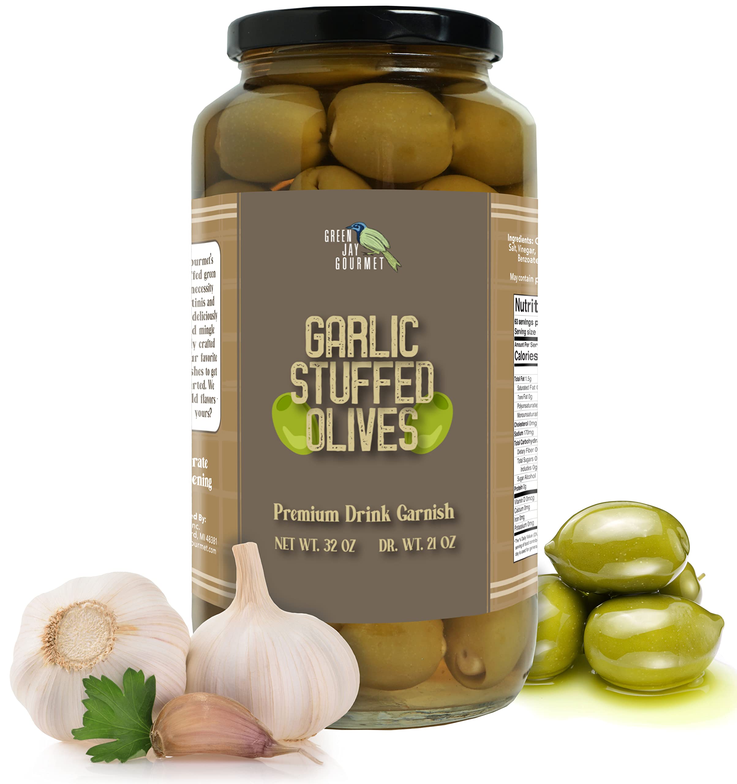 **Green Jay Gourmet Garlic Stuffed Olives – Large All-Natural Stuffed Green Olives for Dirty Martinis, Cocktail Garnish & Cheese Boards – 32oz (2 lbs) – Perfect for Parties, Charcuterie & Gourmet Recipes**