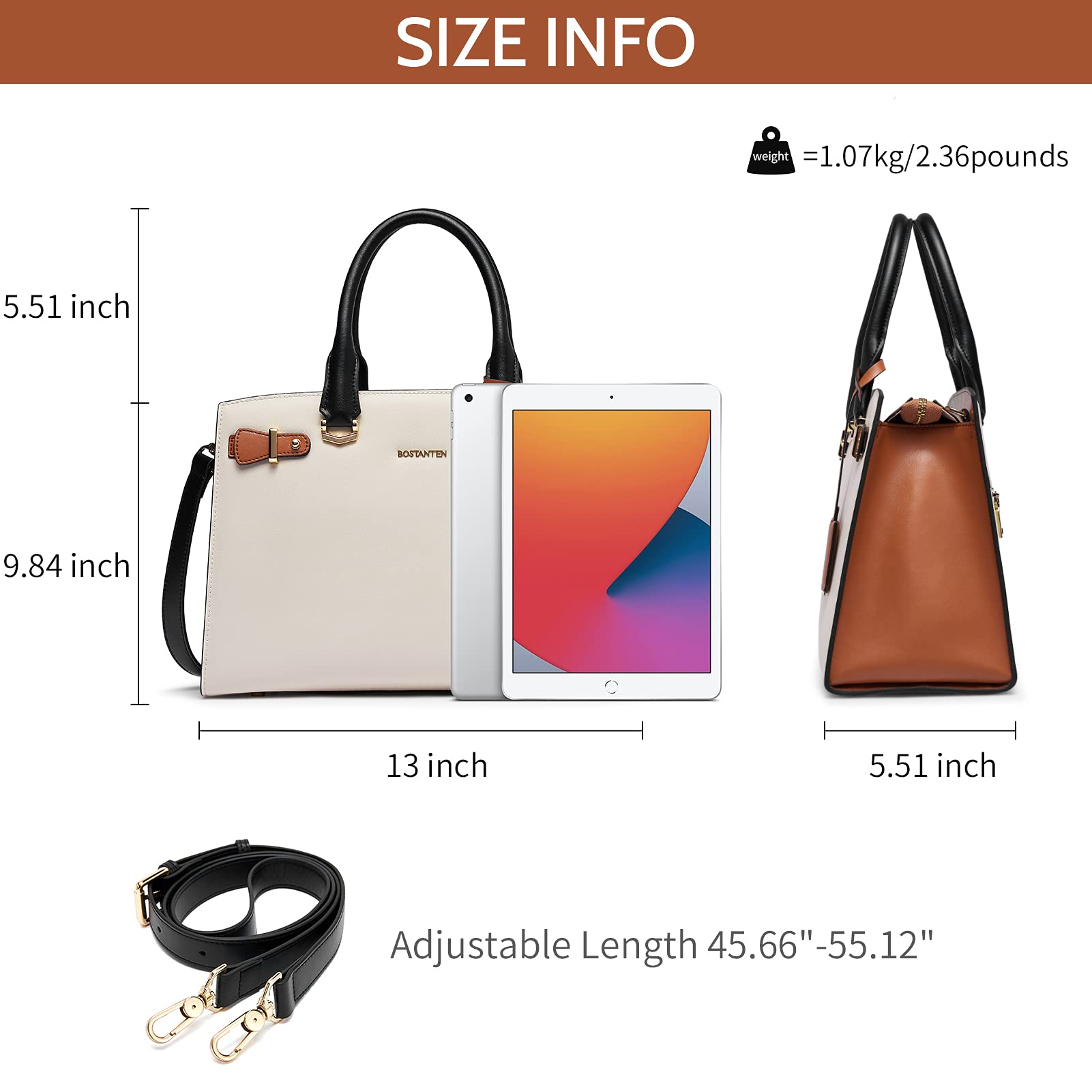 BOSTANTEN Women's Genuine Leather Handbag - Stylish Designer Satchel Purse with Top Handle, Shoulder Strap & Crossbody Option - Perfect for Work, Travel & Everyday Use