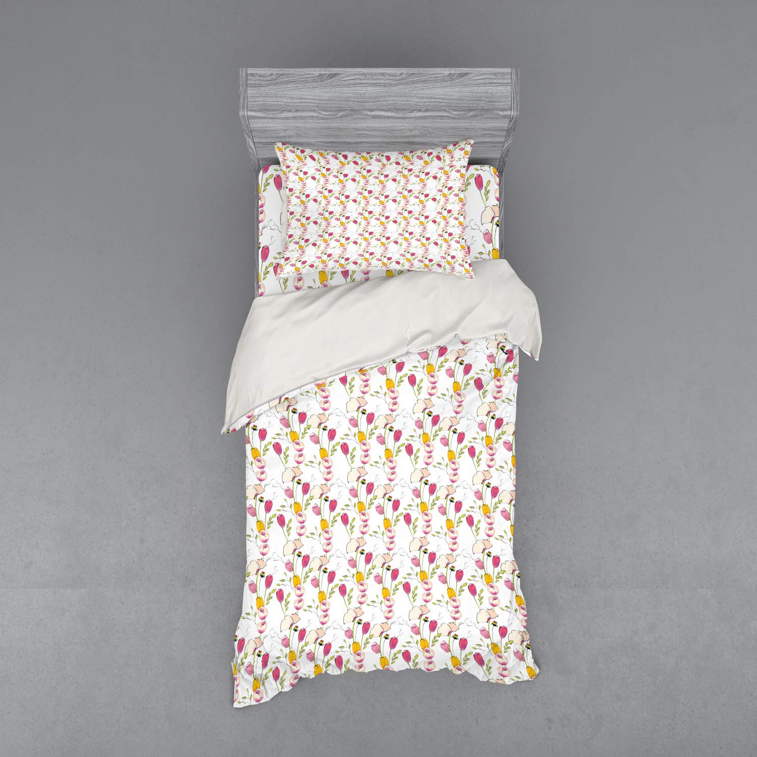 Ambesonne Floral Duvet Cover Set - 3 Piece Twin Size Bedding with Sham & Fitted Sheet, Vibrant Tulip and Poppy Flower Design for Valentine's Day | Perfect for Romantic Bedrooms, Guest Rooms & Spring Home Decor
