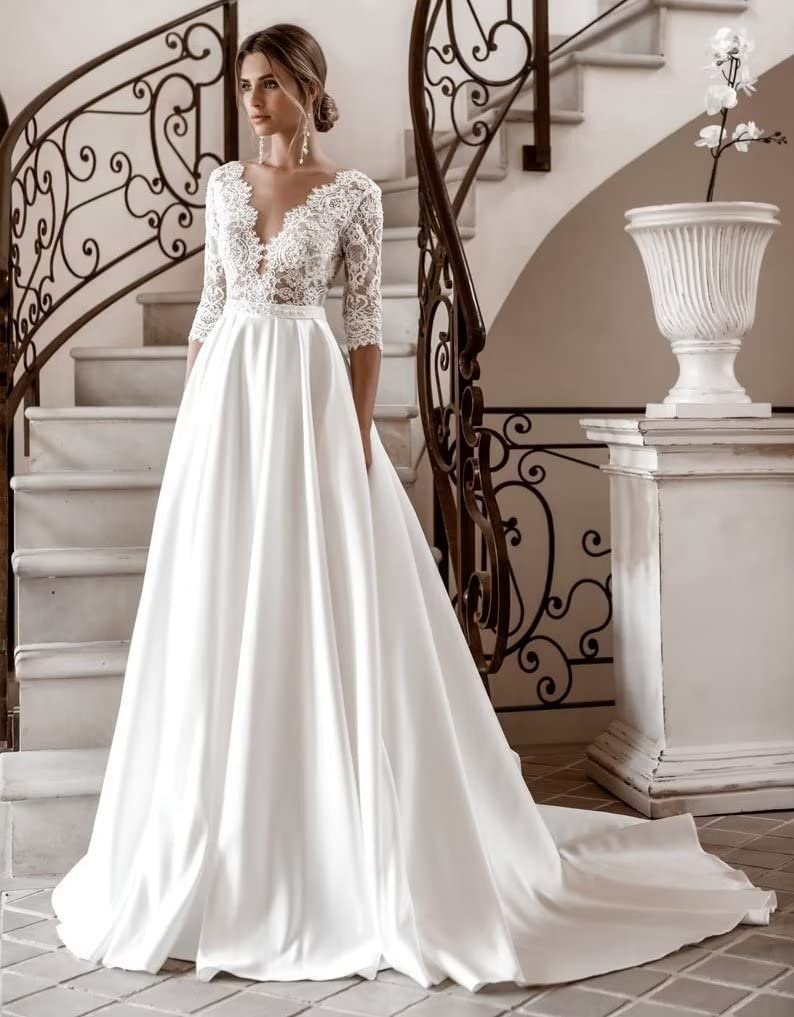 2024 Elegant Long Sleeve Lace Wedding Dress for Bride - Romantic A-Line Bridal Gown for Church Ceremony & Outdoor Wedding Photos