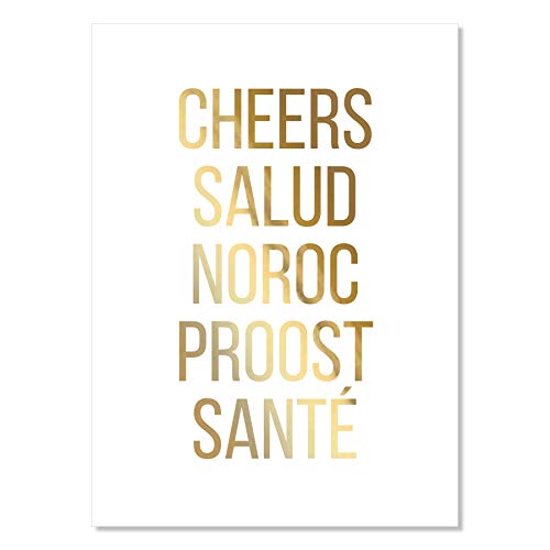 Cheers Salud Noroc Proost Sante Foiled Art Print - Unframed Wall Decor for Home Bar, Kitchen, Dining Room & Office - Perfect Gift for Wine & Beer Lovers