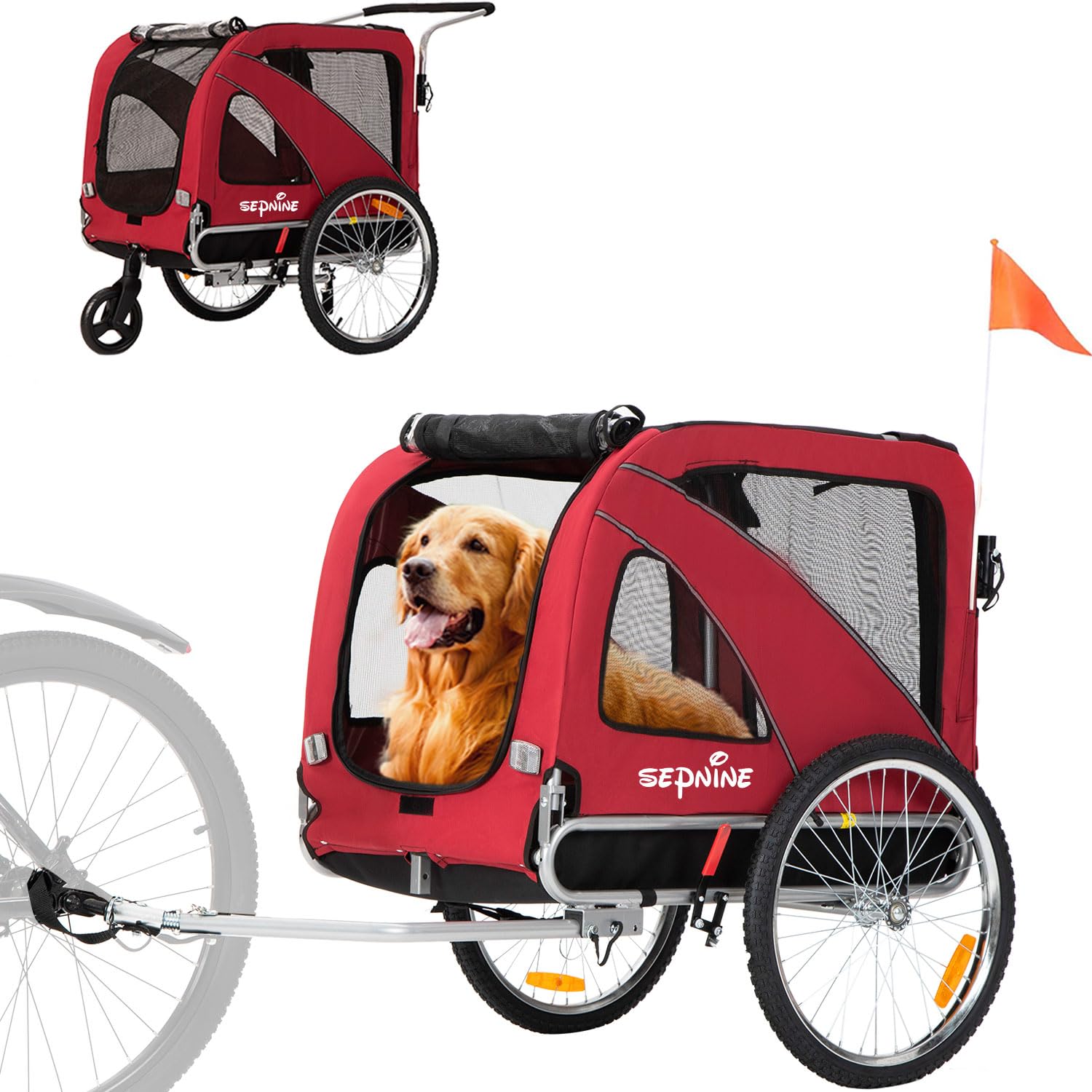 Sepnine 2-in-1 Large Dog Bike Trailer & Pet Stroller - Foldable Frame with Hand Lock Brakes & Universal Bicycle Coupler (Red) - Perfect for Cycling Adventures & Outdoor Walks with Your Dog