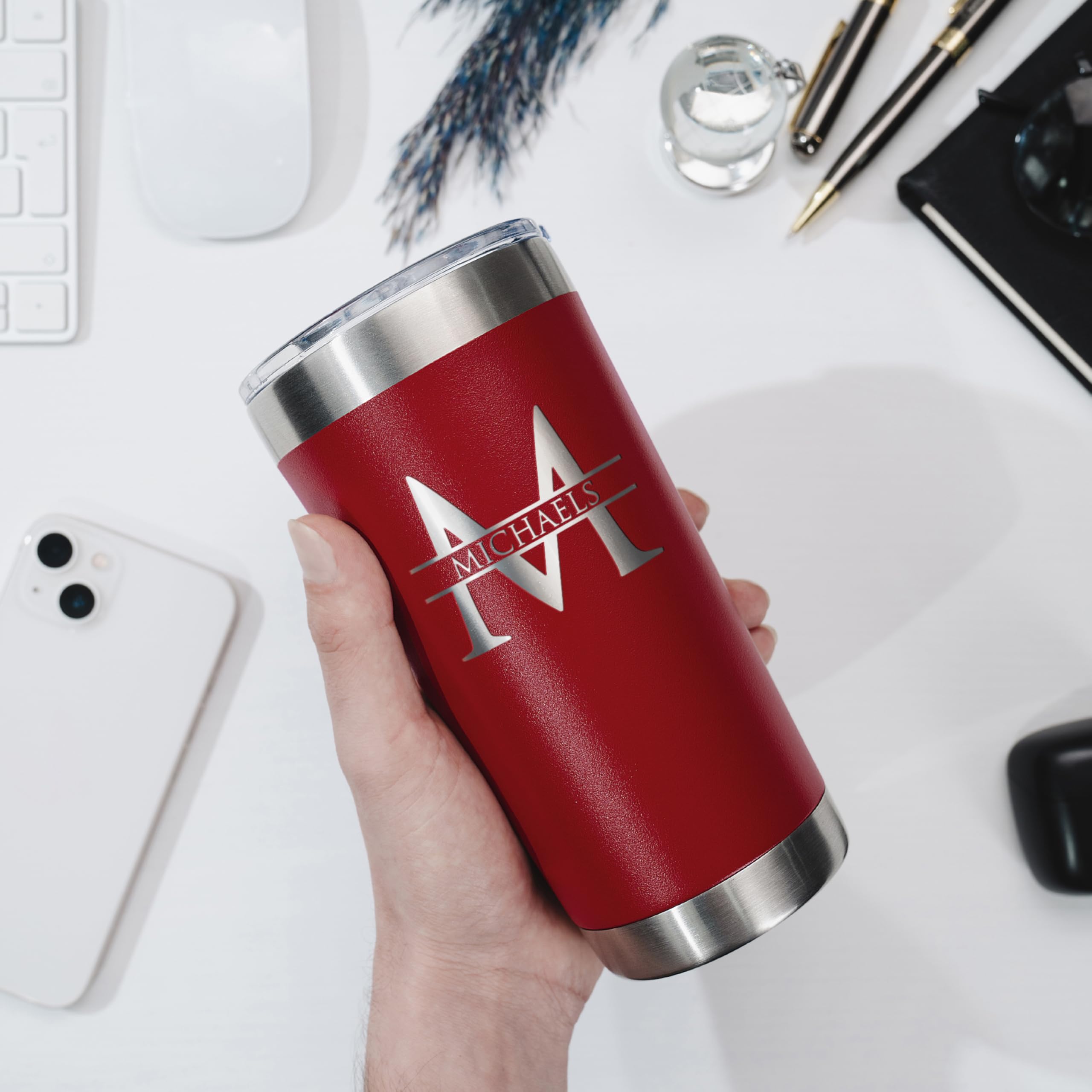 Personalized Burgundy Tumbler with Engraved Name - 30oz Double Wall Insulated Coffee Cup with Slider Lid - 12 Stylish Designs - Perfect Gift for Women, Mom, Her - Great for Office, Travel & Daily Hydration