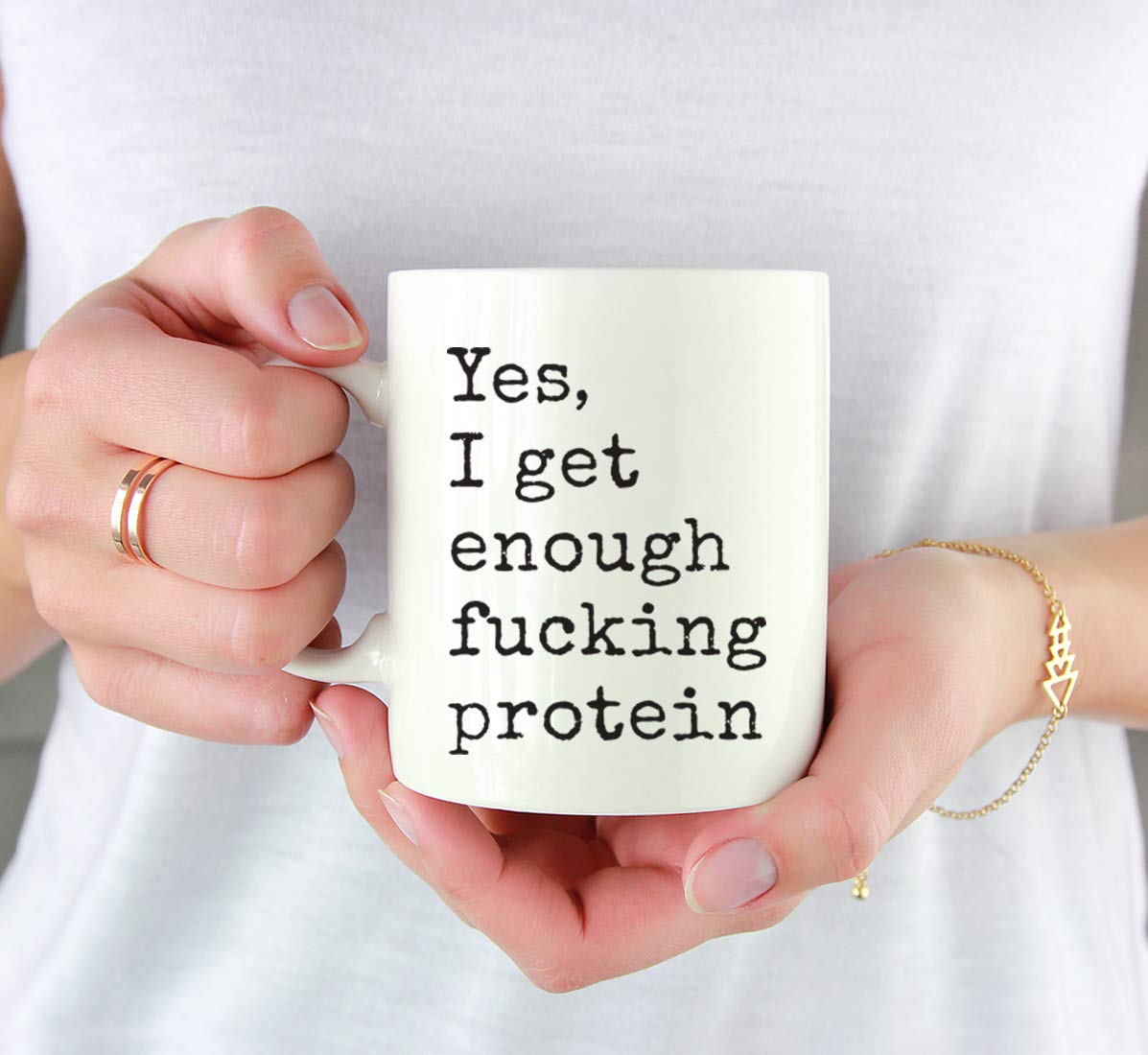 11oz Funny Vegan Coffee Mug - 'Yes I Get Enough Fucking Protein' Sarcastic Gift for Vegetarians - 1-Pack with Gift Box - Perfect for Office Humor & Plant-Based Dieters