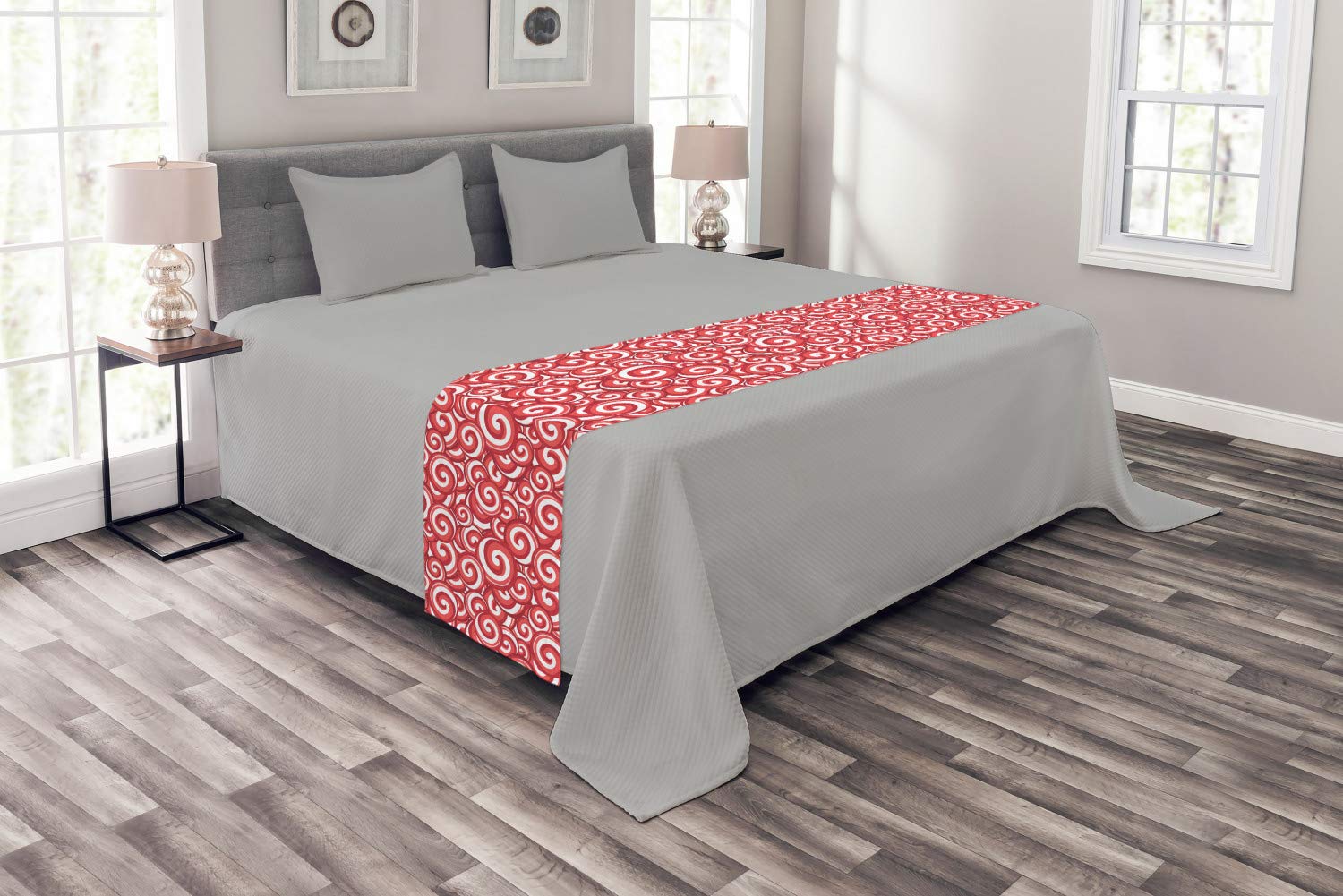 Ambesonne Candy Bed Runner - Spiral Motifs Doodle Style Christmas Theme Decorative Bed Scarf for Hotels, Homes & Guest Rooms | Coral Ruby White | Perfect for Holiday Decorations, Bedroom Accents & Seasonal Home Styling