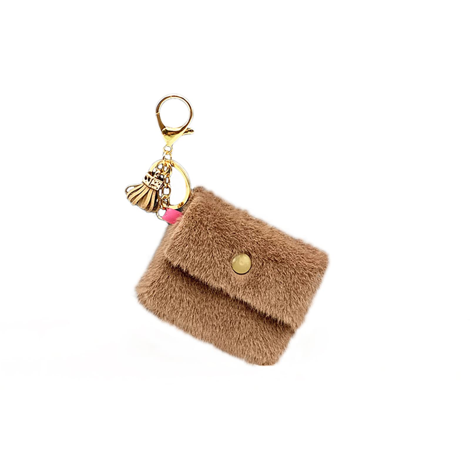 HSYHERE Mini Plush Keychain Wallet - Coin Pouch & Key Holder for Men, Women, Boys & Girls - Durable Metal Keychain with Carabiner Clip for Backpacks, Hiking & Daily Use (Khaki)