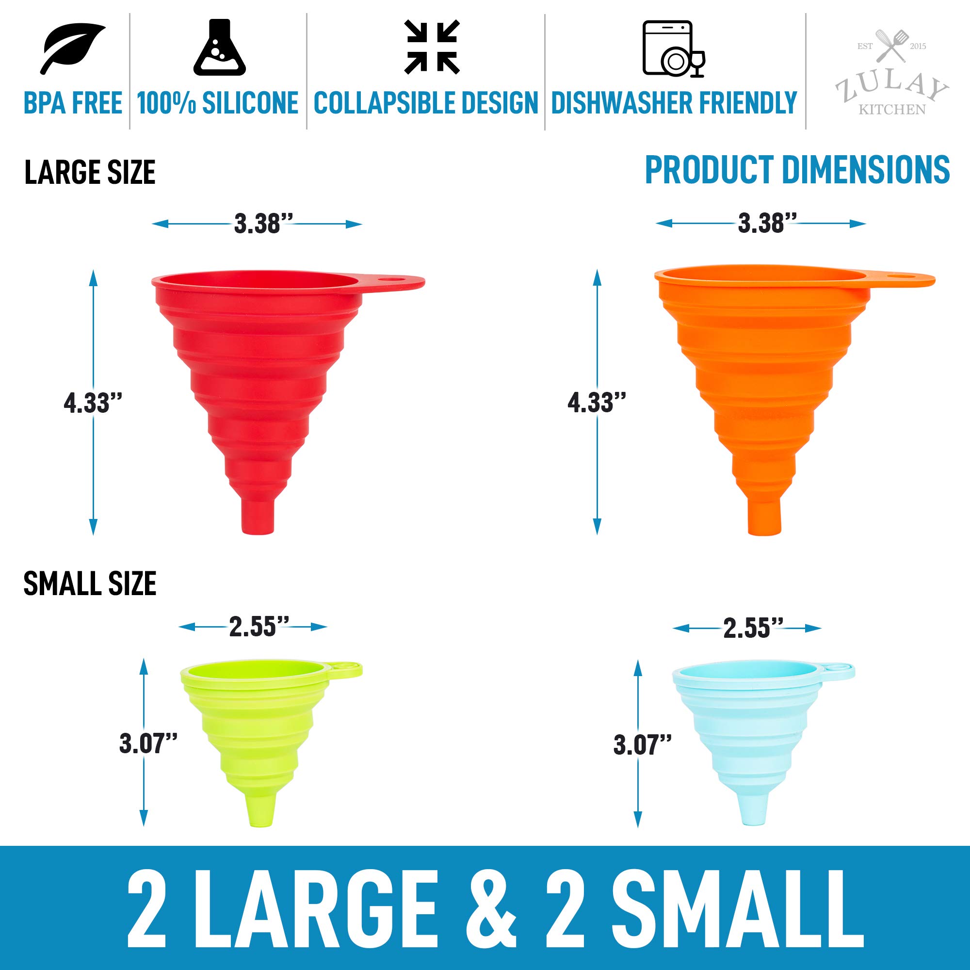 Zulay Premium Silicone Funnel Set of 4 (2 Small + 2 Large) - Collapsible Space Saving Kitchen Funnels with Narrow Mouth for Liquids, Oils, Sauces - Flexible & Durable for Bottle Filling, Baking, Canning, Home Brewing & DIY Projects