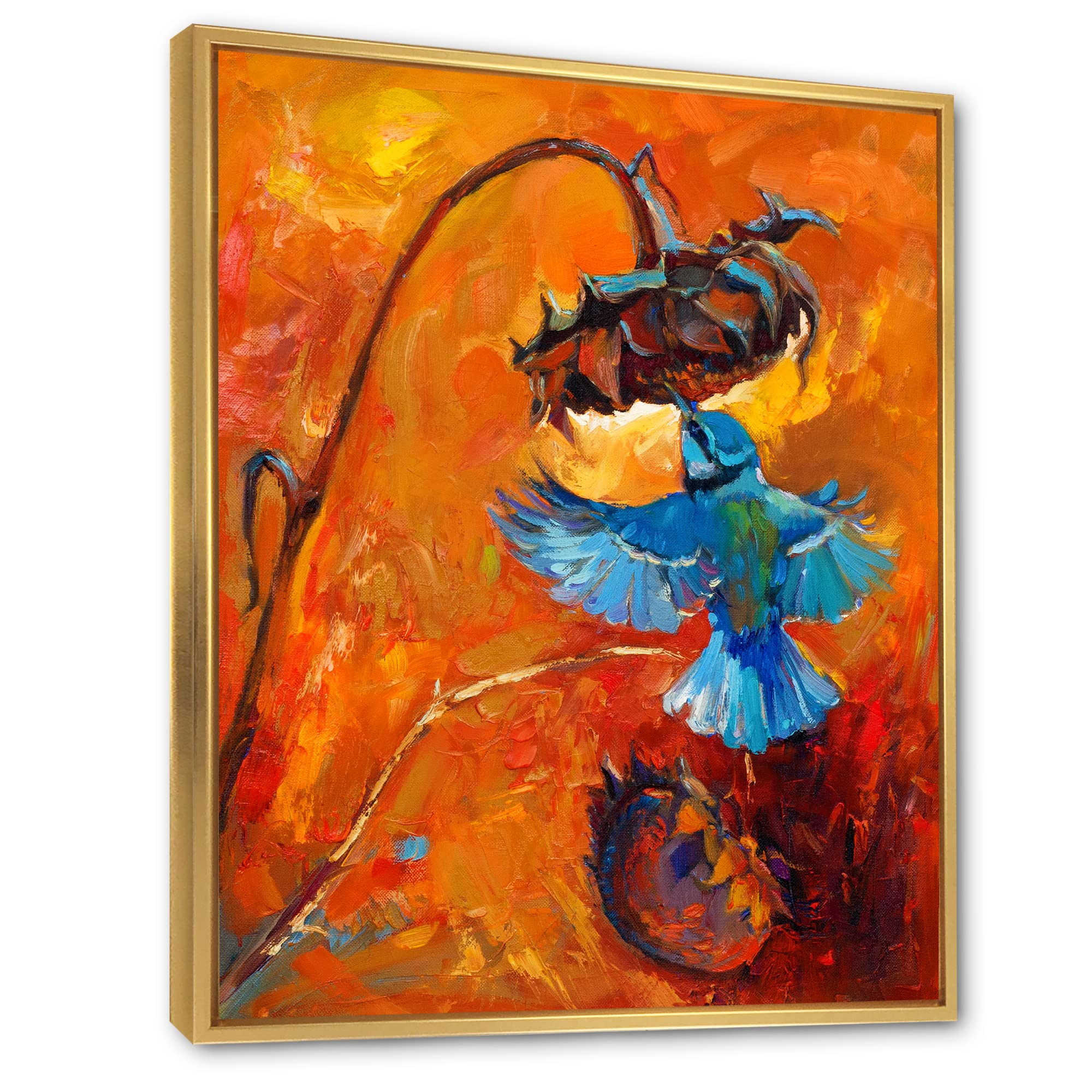 Blue Hummingbird on Orange - Traditional Framed Canvas Wall Art Print - Home & Office Decor, Living Room Bedroom Wall Decor, Unique Gift Idea