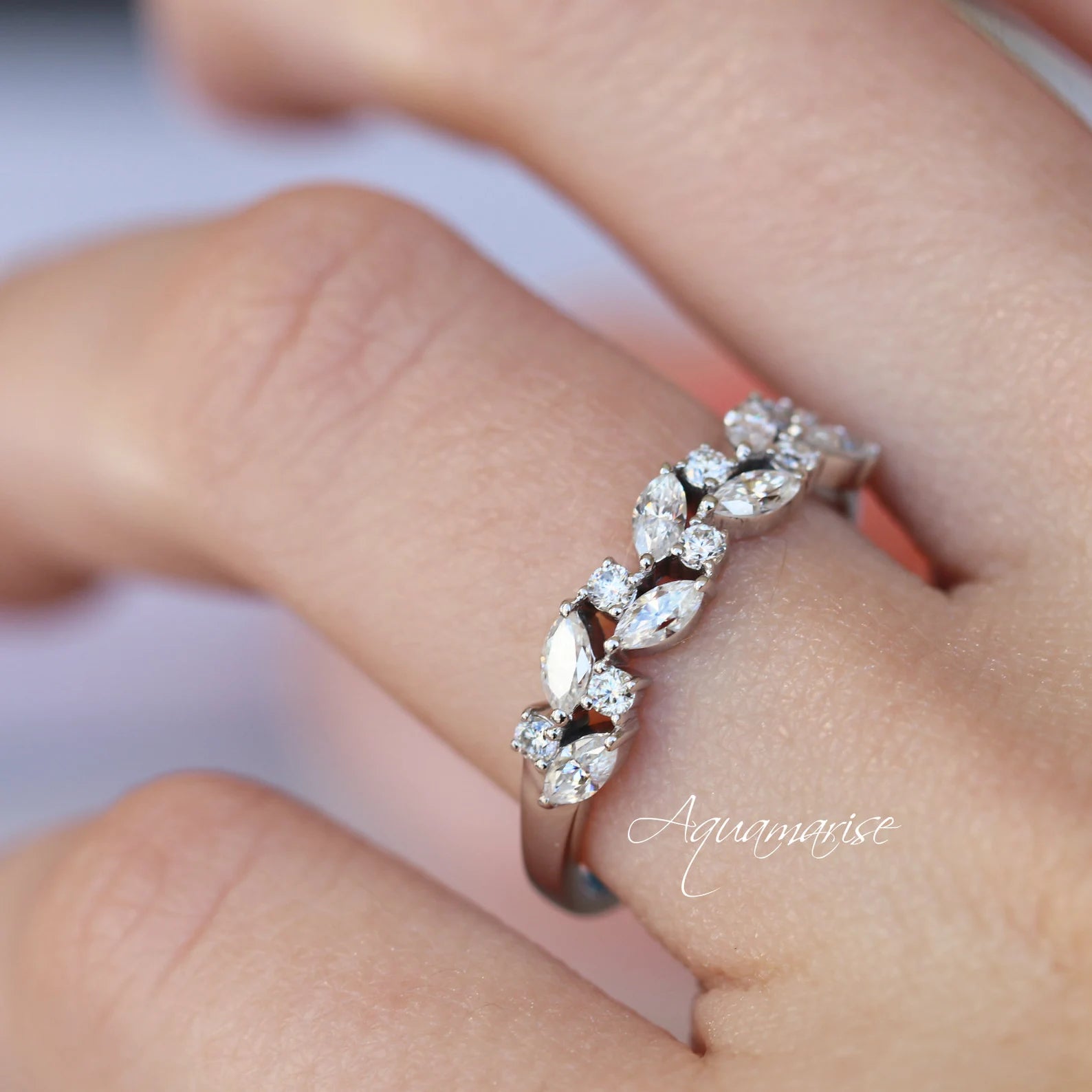 14K Solid Rose Gold Marquise Cut Natural Diamond or Moissanite Wedding Band - Elegant Bridal Ring for Engagement, Anniversary & Special Occasions