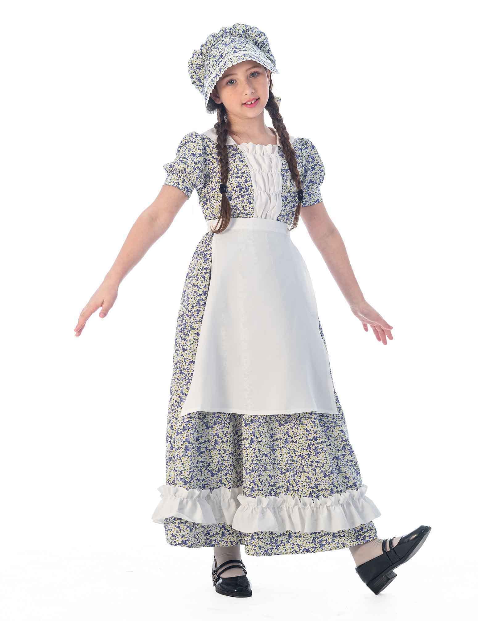CR ROLECOS Girls Pioneer Prairie Dress - Colonial Pilgrim Costume for Kids | Perfect for Halloween, Thanksgiving, School Plays & Historical Reenactments