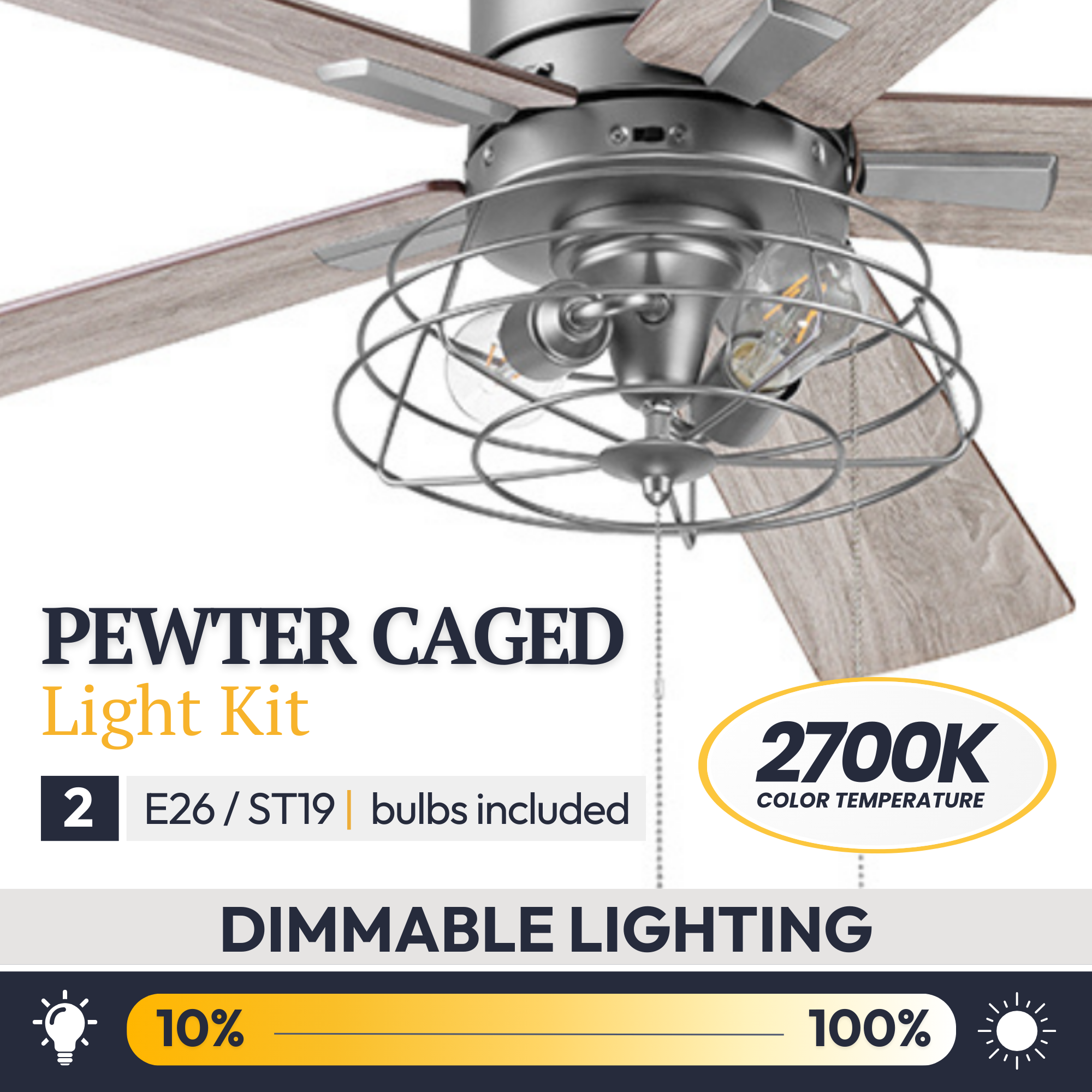 52 Inch Marshall Pewter Ceiling Fan with Pull Chain - Modern Indoor/Outdoor Ceiling Fan for Living Room, Bedroom, Patio - Energy Efficient Quiet Operation