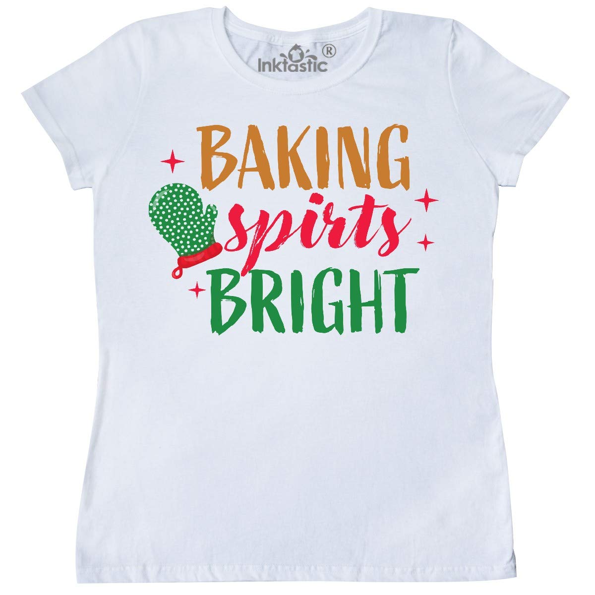 Inktastic Christmas Baking Spirits Bright with Green Oven Mitt Women's T-Shirt - Festive Holiday Cooking Apparel for Baking Enthusiasts