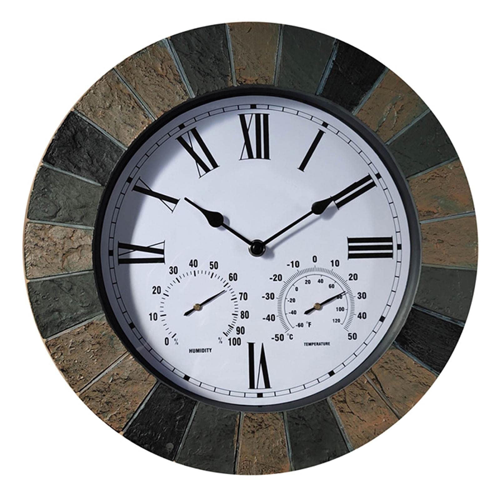 **Outdoor Waterproof Garden Clock - Faux Slate Resin Wall Clock with Thermometer & Hygrometer - Accurate Timekeeping for Patio, Yard, and Home Decor**    *(Use Cases: Perfect for gardens, patios, balconies, porches, and indoor spaces like living rooms or kitchens as a stylish and functional decor piece.)*