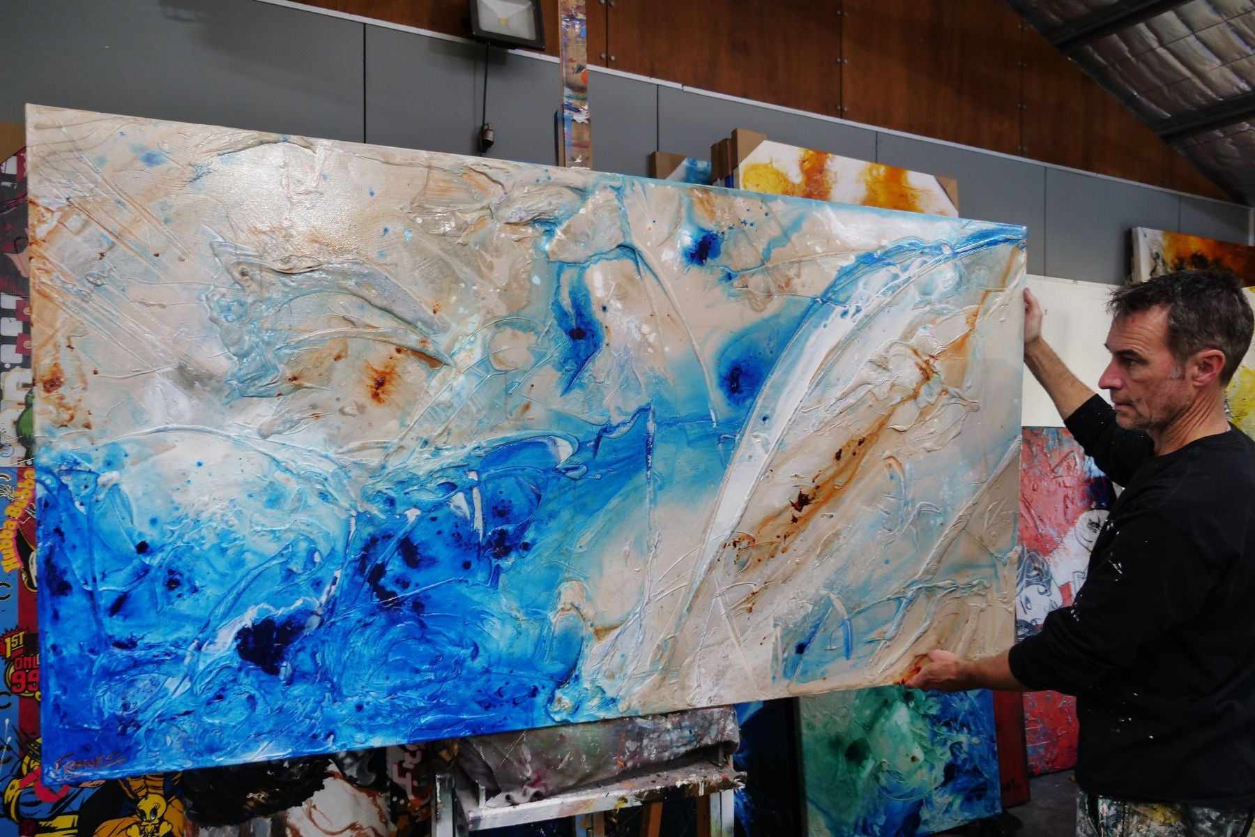 Casbah Rush 190cm x 100cm Blue Cream Textured Abstract Canvas Art - Modern Wall Decor for Living Room, Bedroom & Office