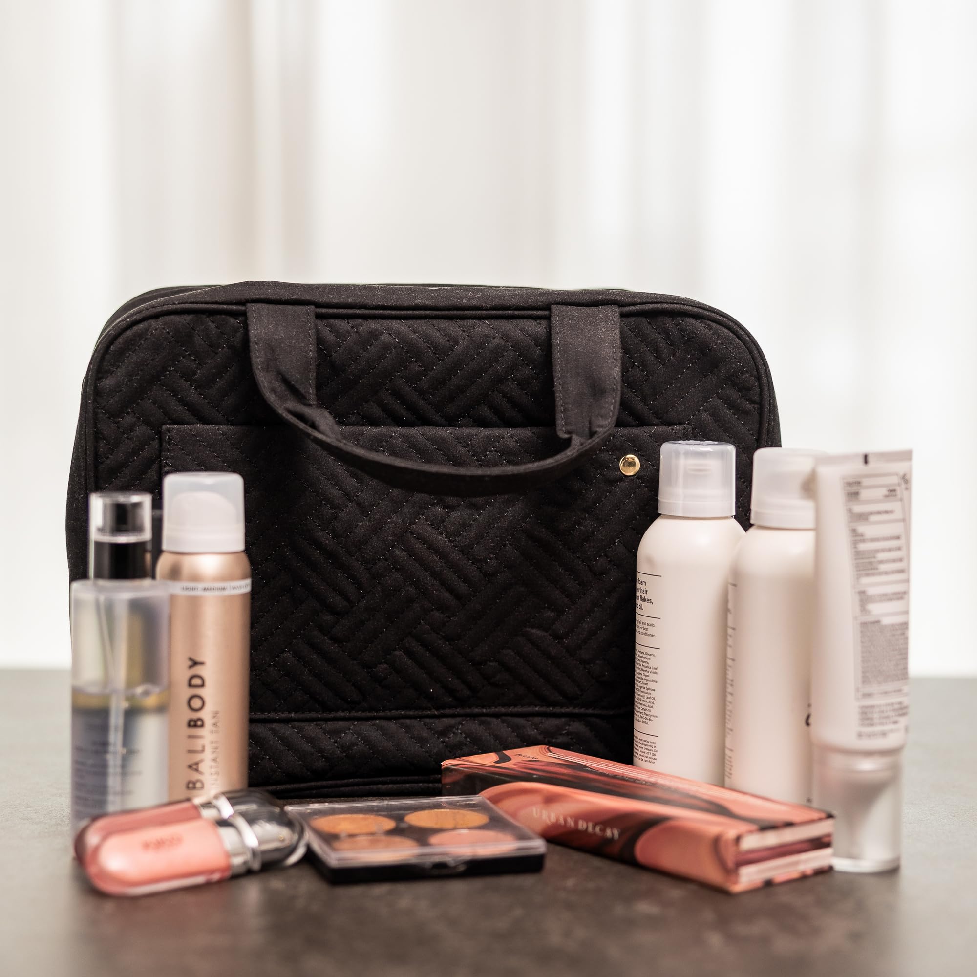 Water-Resistant Hanging Toiletry Bag for Women - Travel Makeup Organizer with Cosmetic & Brush Storage - Small Black Toiletries Bag for Vacation, Gym, Camping & Business Trips