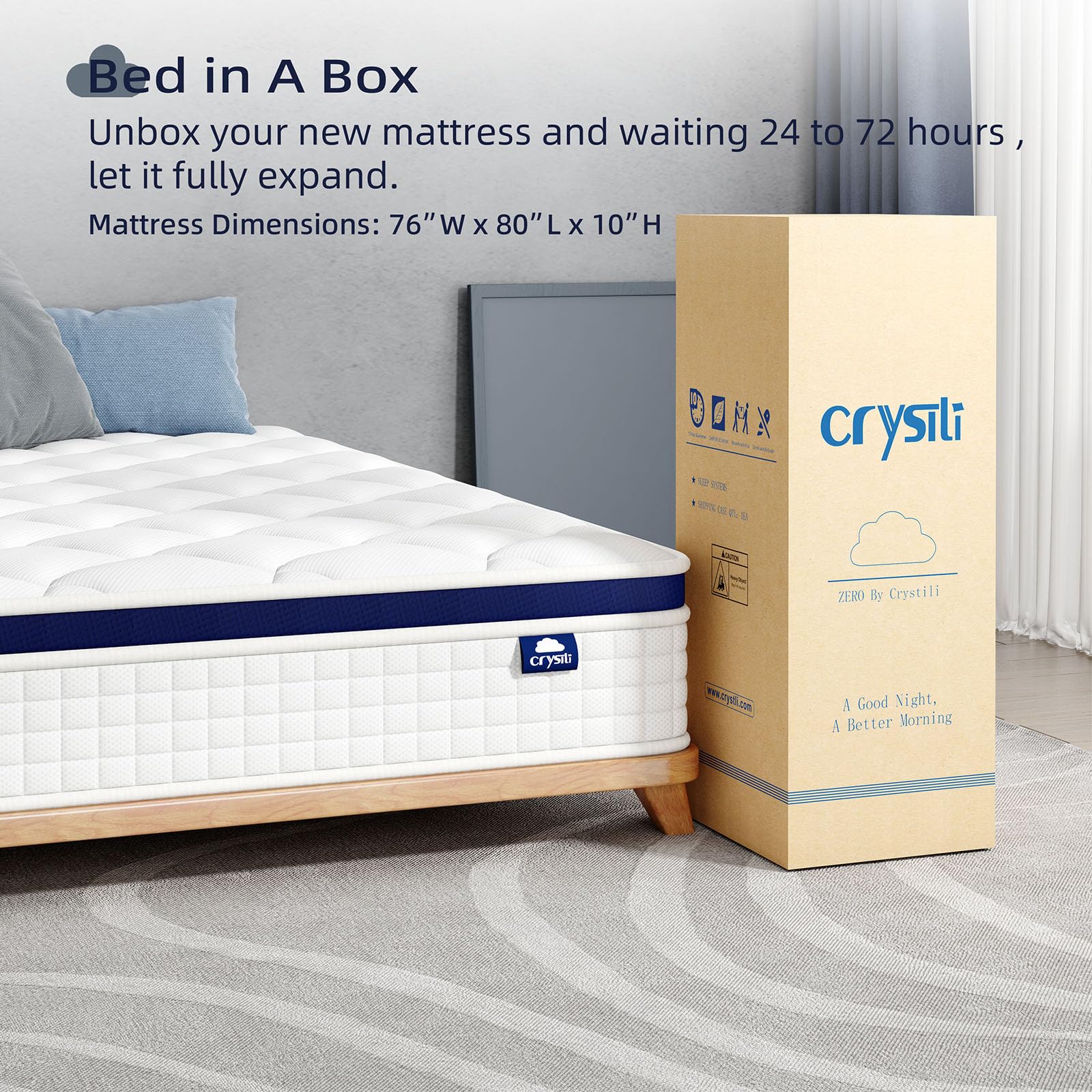 Crystli King Size Mattress in a Box - 10 Inch Hybrid Mattress with Zero Pressure Foam & Innerspring for Pressure Relief | Medium Firm, Motion Isolation, CertiPUR-US Certified | Perfect for Back Pain Relief & Couples' Bedroom