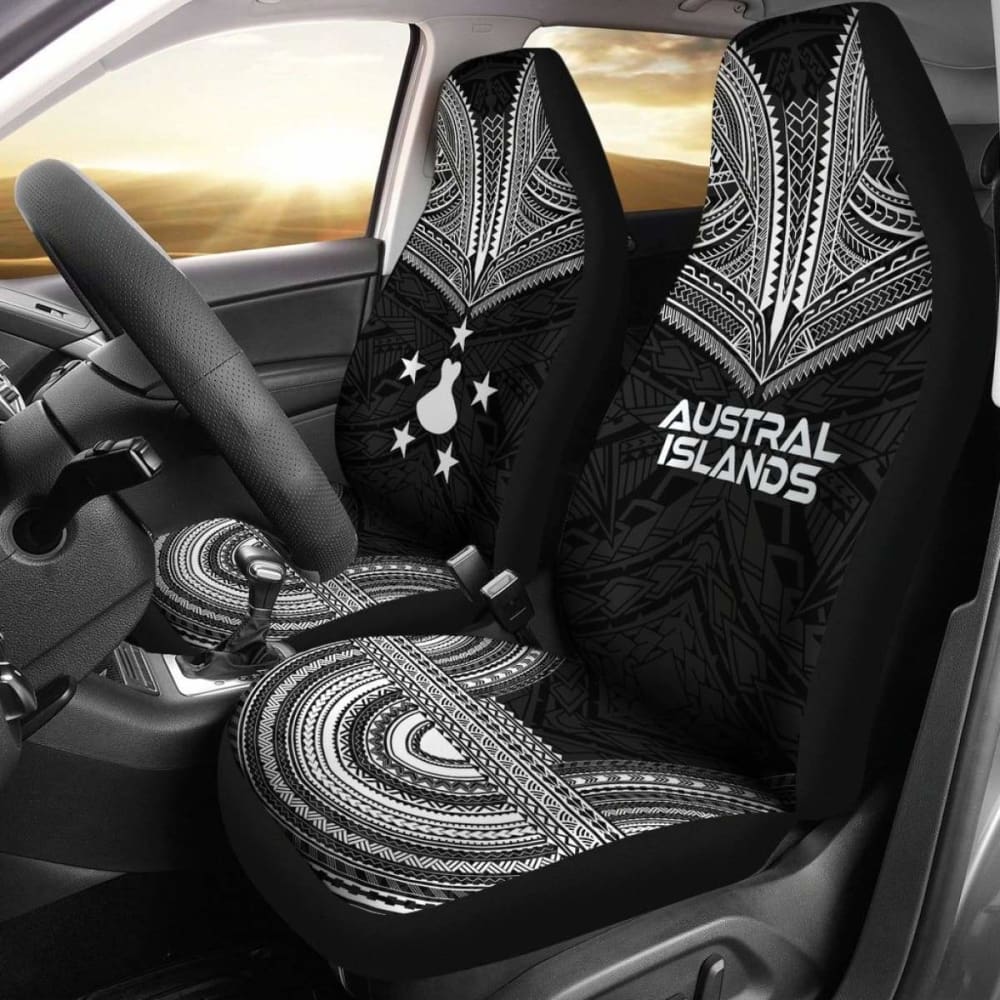 Austral Islands Car Seat Cover - Black Polynesian Chief Tattoo Design with Austral Islands Flag | Durable & Stylish Protection for Cars, Trucks & SUVs | Perfect for Travel, Commuting & Everyday Use