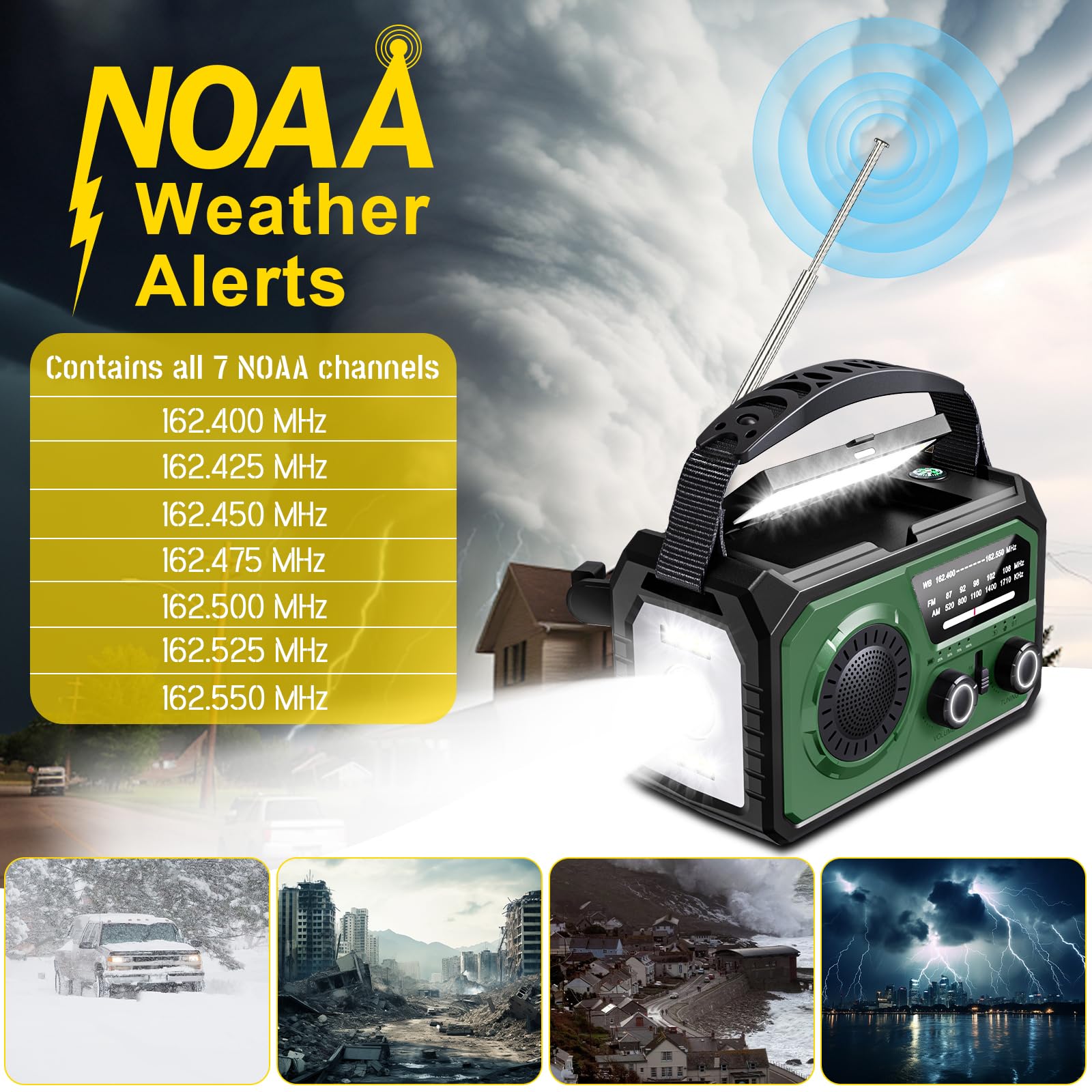 59200mWh Solar Emergency Radio - 16000mAh Portable NOAA Weather Radio with Hand Crank, USB Charger, SOS Alarm, Flashlight & Reading Lamp | Power Outage, Camping, Hiking, Hurricane Survival Kit & Outdoor Emergency Preparedness