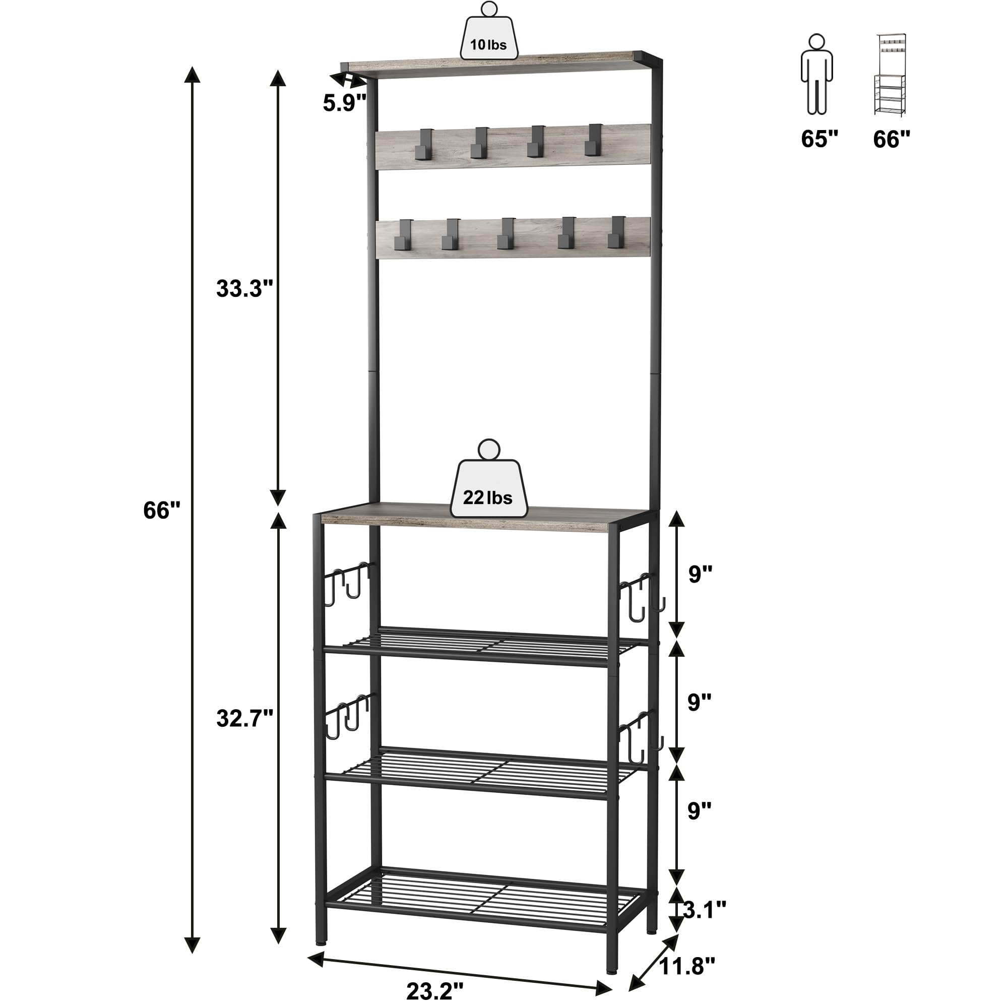 HOMEFORT 5-Tier Coat Rack with Shoe Storage & 9 Clothes Hooks - Freestanding Entryway Hall Tree Organizer for Bedroom, Living Room, Closet - Space Saving Grey Home Decor (Perfect for Small Apartments & Mudroom Organization)