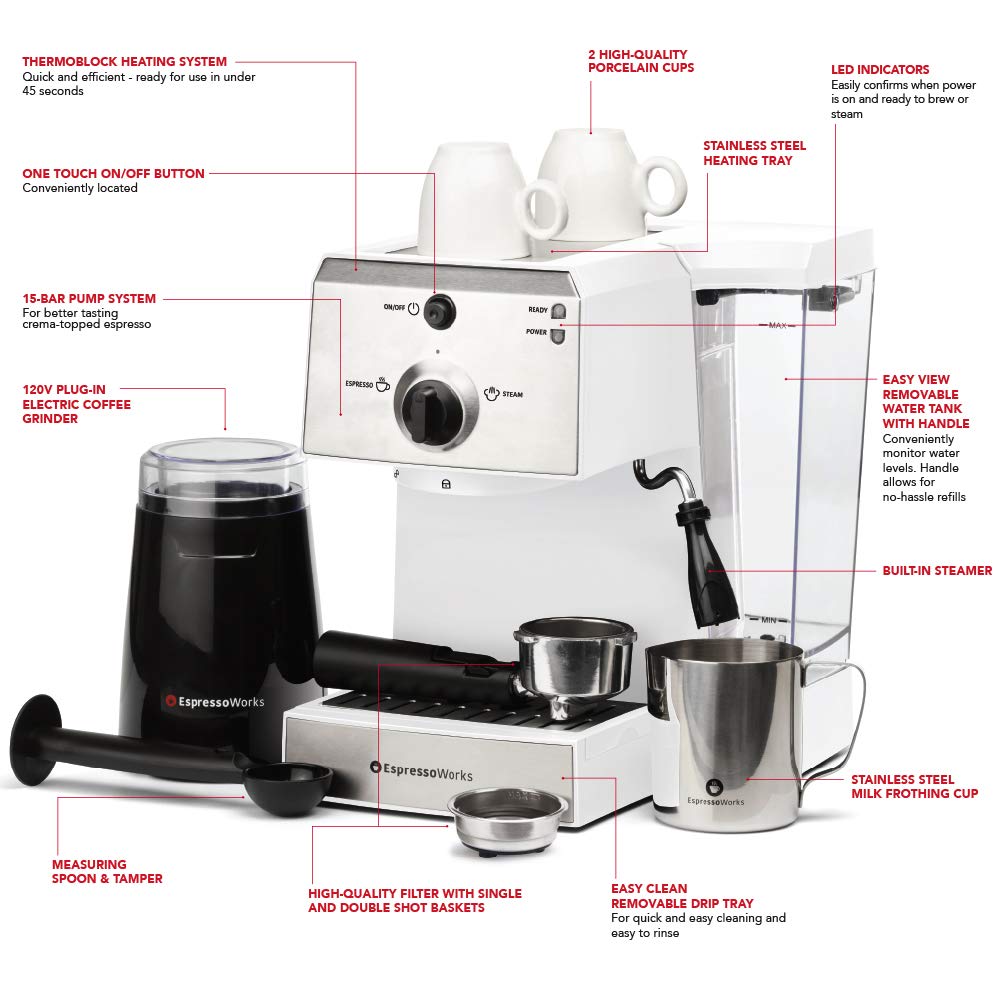 EspressoWorks All-In-One Espresso Machine with Milk Frother - 7-Piece Cappuccino Maker Set Includes Coffee Grinder, Frothing Pitcher, Cups, Spoon & Tamper - Perfect for Home Baristas & Coffee Lovers (White) - Ideal for Morning Brews, Entertaining Guests & Coffee Shops