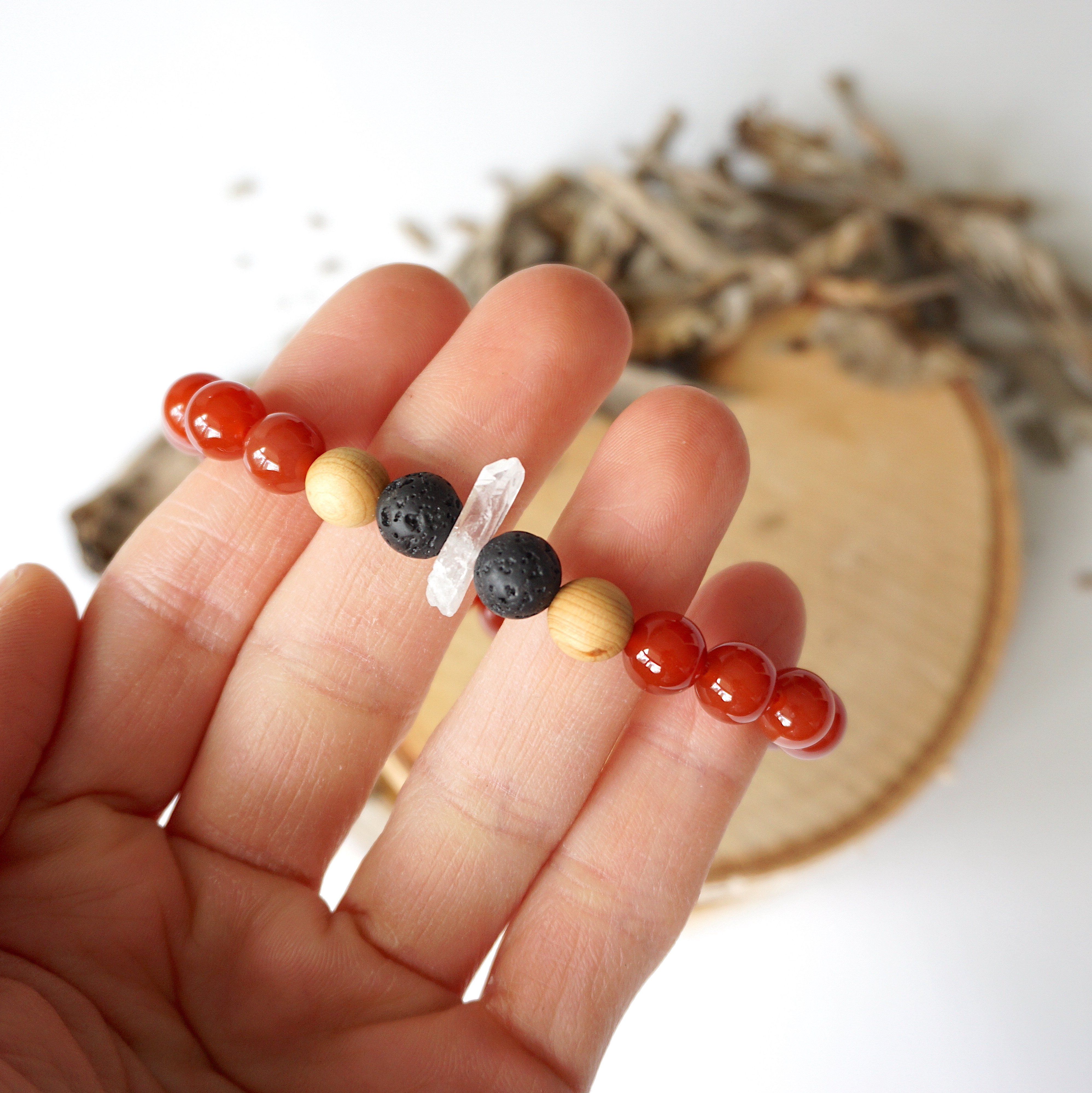 Natural Carnelian Healing Crystal Mala Bracelet with Quartz, Lava Beads & Olivewood - Meditation, Yoga, Chakra Balancing & Spiritual Healing Jewelry