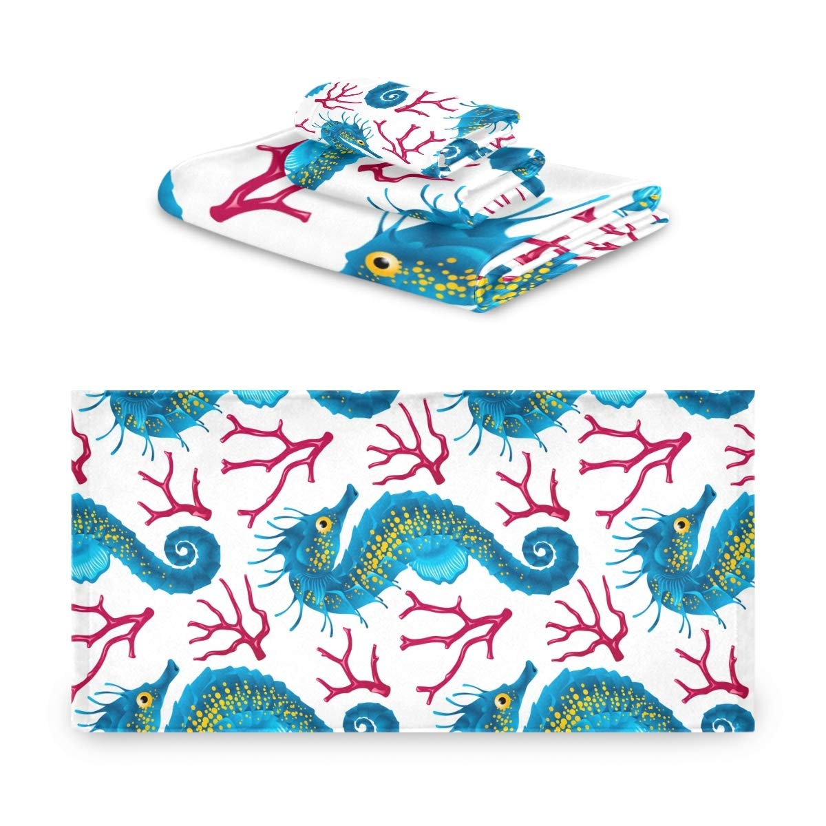 **Premium Seahorse Coral Reef Bath Towel Set - Ultra Soft 3-Piece (Bath, Hand, Washcloth) for Luxury Bathroom, Hotel & Spa - Perfect for Beach & Coastal Home Decor**