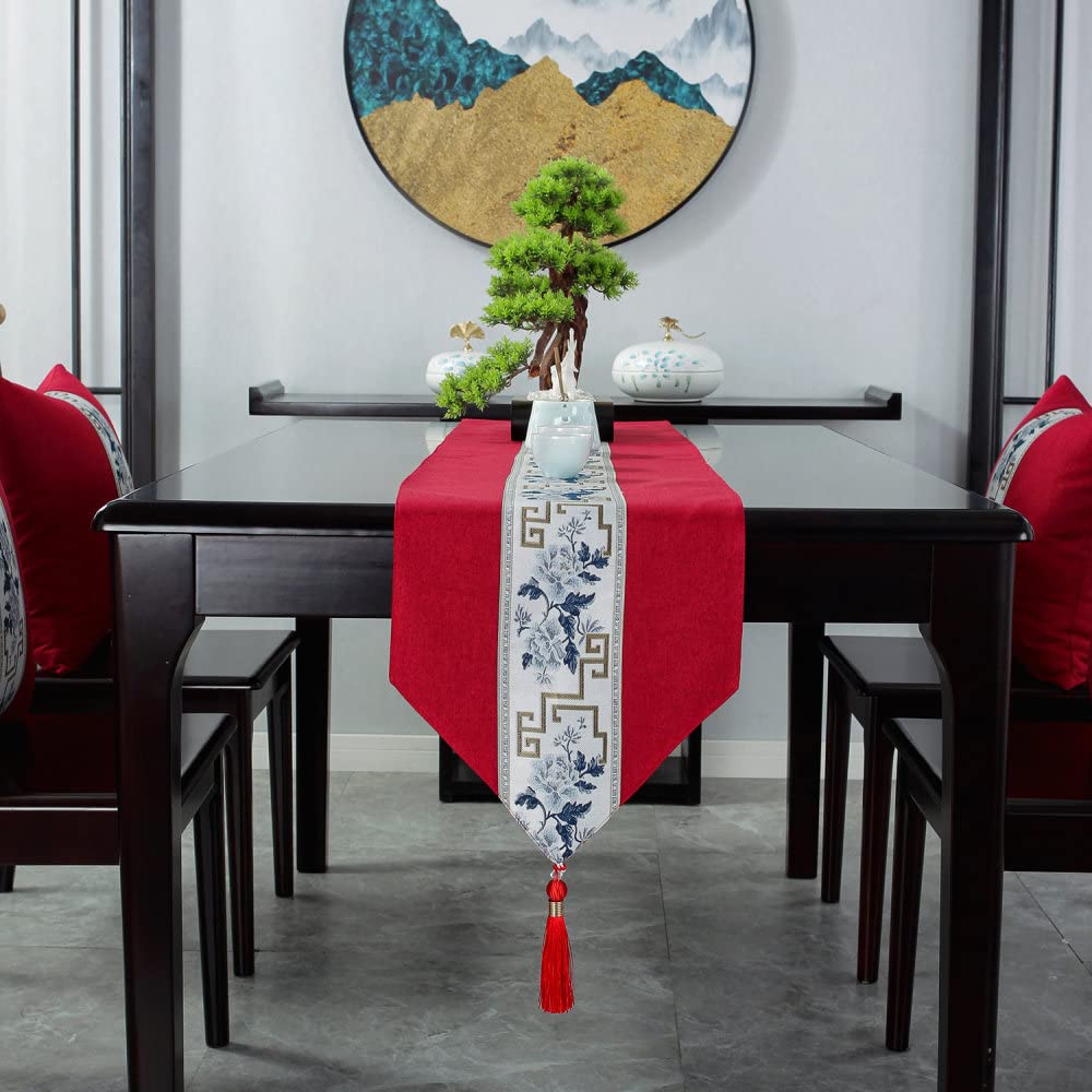 1PCS Vintage Chinese Coffee Table Runner - Red Decorative Zen Tea Cloth for Dining Ceremony & Home Textile Art (33x240) - Perfect for Asian-Themed Decor, Tea Parties & Cultural Events