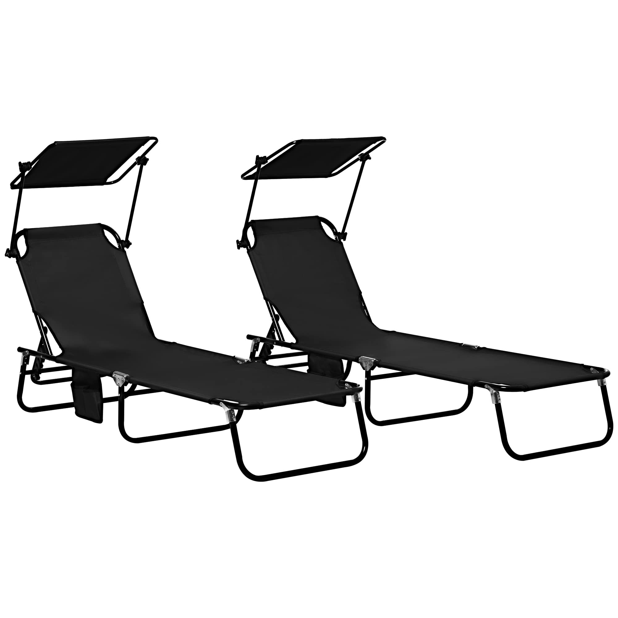 Outsunny 2-Pack Folding Chaise Lounge Chairs with Canopy Shade - Adjustable Reclining Back, Steel Frame & Side Pocket - Perfect for Poolside, Beach, Backyard & Patio Relaxation