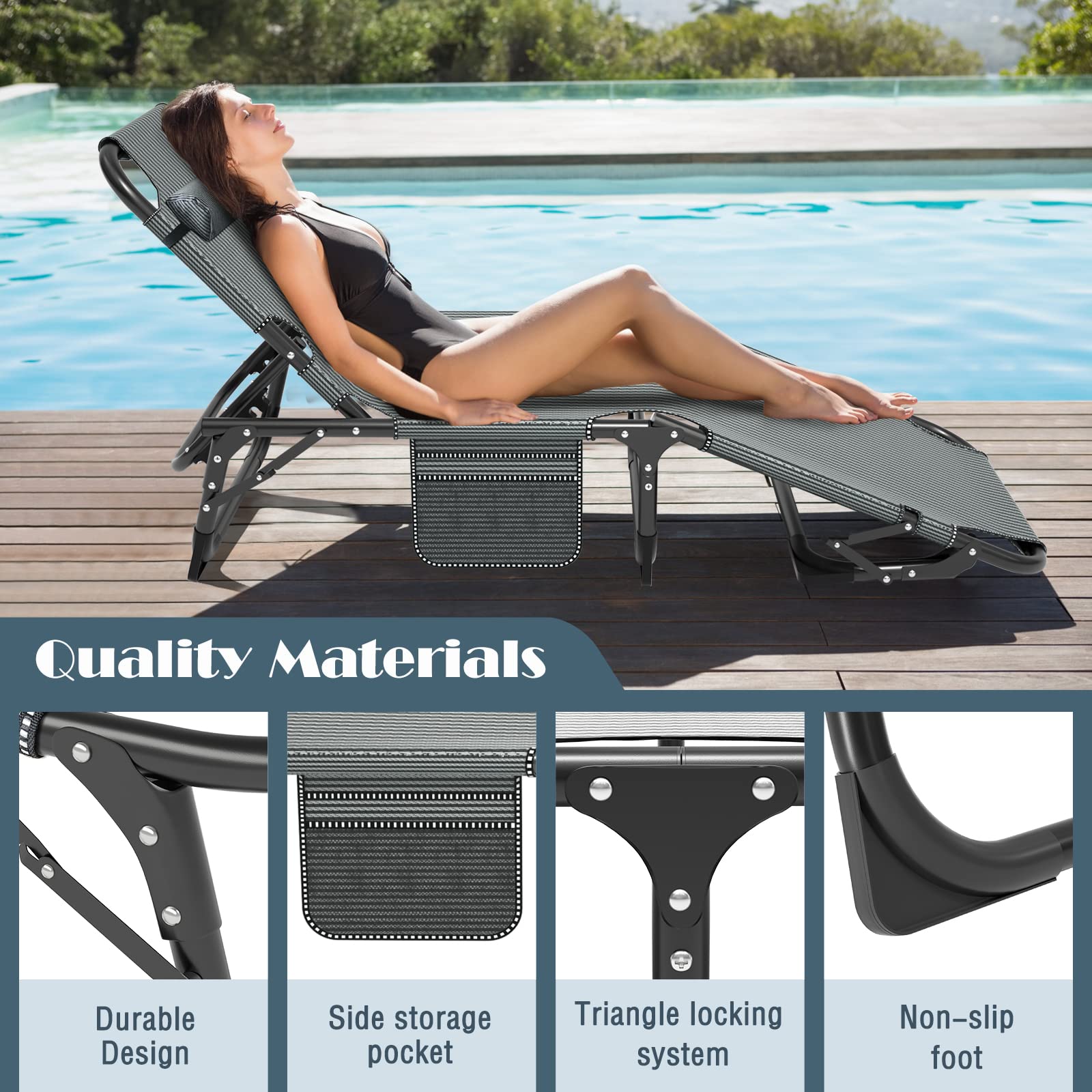 5-Position Reclining Folding Chaise Lounge Chair for Outdoor - Portable Patio Sunbathing Chair for Pool, Beach, Camping & Lawn - Perfect for Adults Tanning, Relaxing & Sleeping