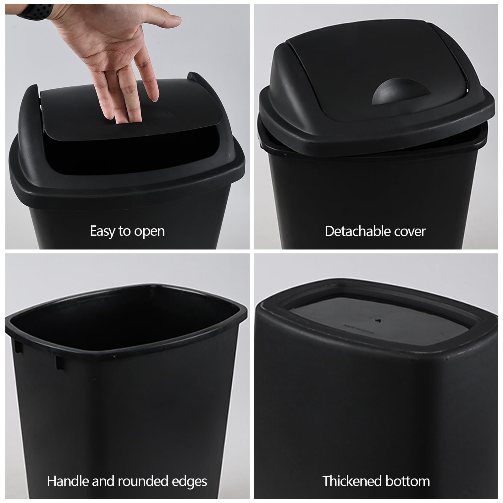 Xyskin 6 Gallon Plastic Swing Top Trash Can - 4 Pack Commercial Wastebasket for Kitchen, Garage, Office & Workspace - Durable Black Garbage Bin for Home & Business Use - Perfect for Recycling, Disposal & Organization