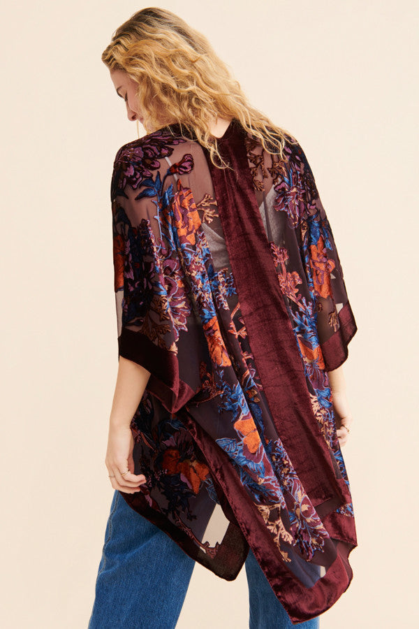 Burgundy Velvet Floral Kimono Robe - Elegant Loungewear for Women, Perfect for Spa Nights, Bridal Parties & Relaxing at Home