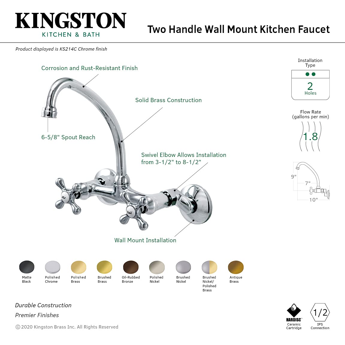 Elements of Design Nuvo ES2145X 2-Handle Wall Mount Kitchen Faucet in Oil Rubbed Bronze - 6-5/8