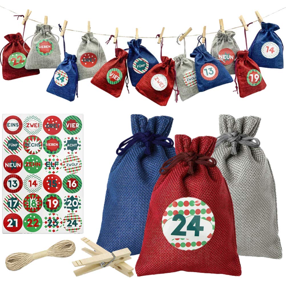 TOYANDONA 24pcs Christmas Burlap Drawstring Gift Bags - Advent Calendar Bags for Holiday Party Favors, Candy Gifts & Stocking Stuffers | Perfect for Christmas Countdown, Classroom Treats & Festive Gift Giving