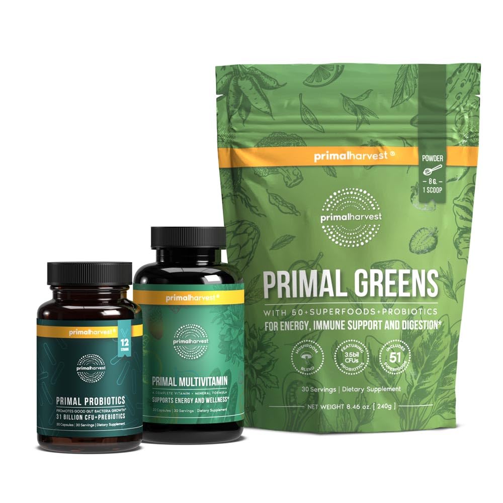 Primal Harvest Multivitamin, Greens & Probiotics Supplement - Daily Nutrition, Energy & Gut Health Support - Morning Essentials 3-Pack for Busy Professionals & Active Lifestyles